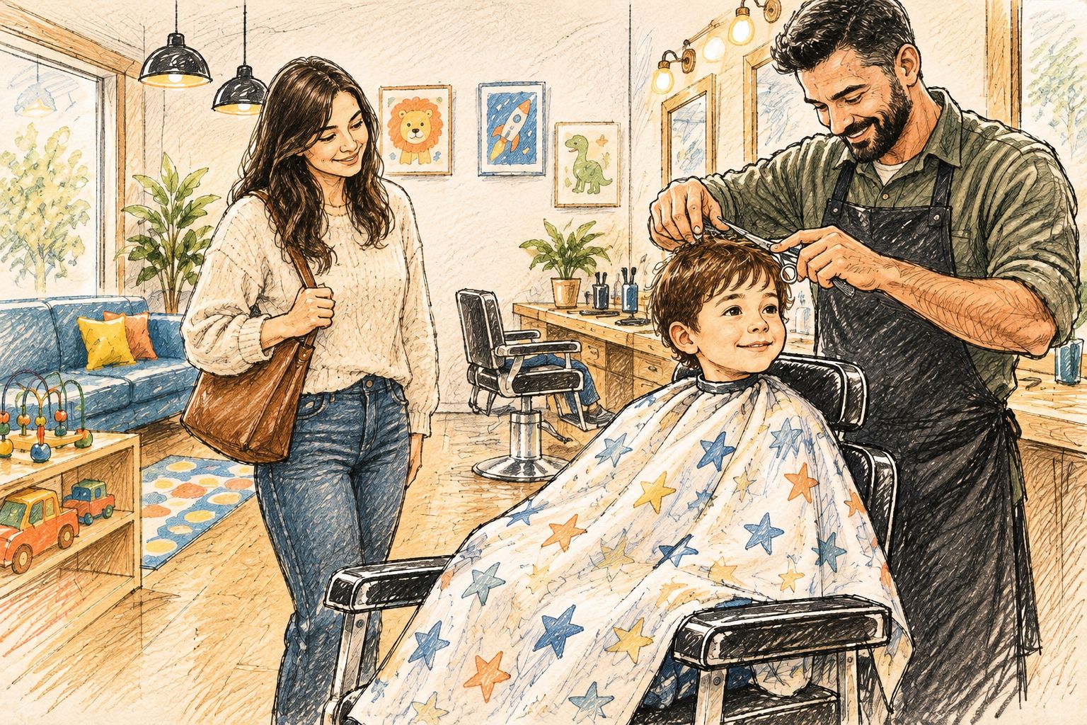 Child sitting in a barber chair getting a haircut with a parent watching nearby