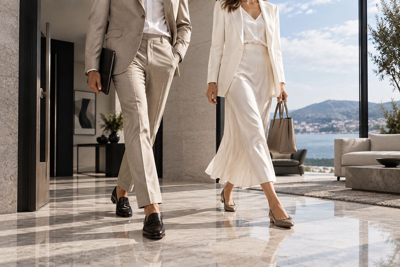 Tailored trousers with loafers and a midi skirt with flats at a modern apartment entrance