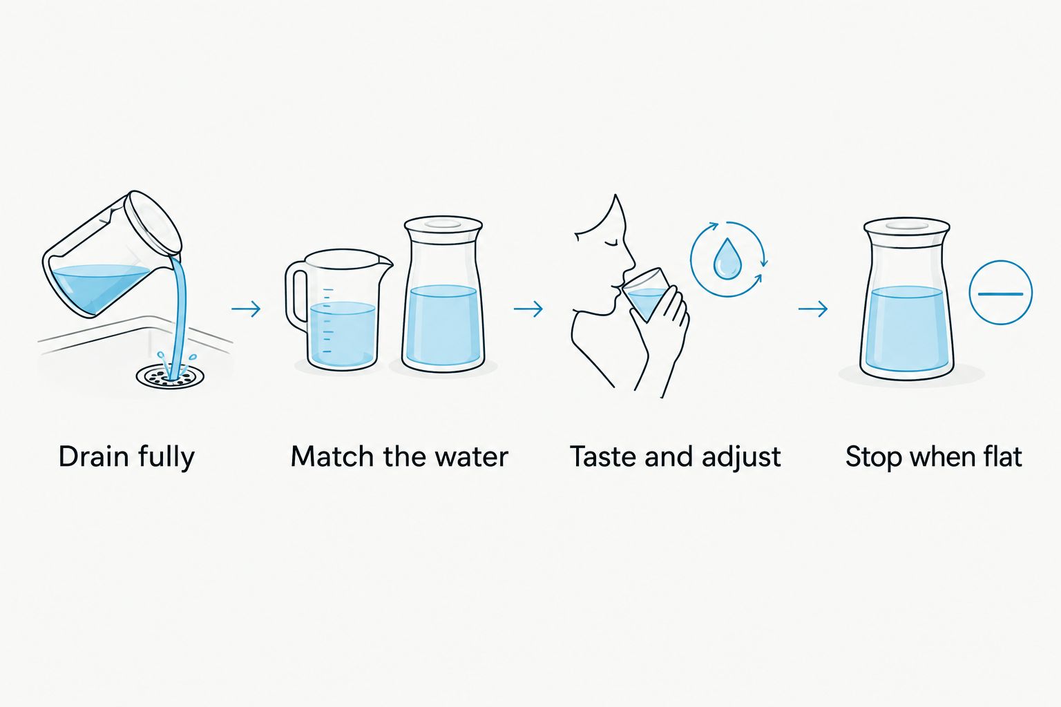 Re-steeping sequence: drain fully, match the water, taste and adjust, and stop when flat.