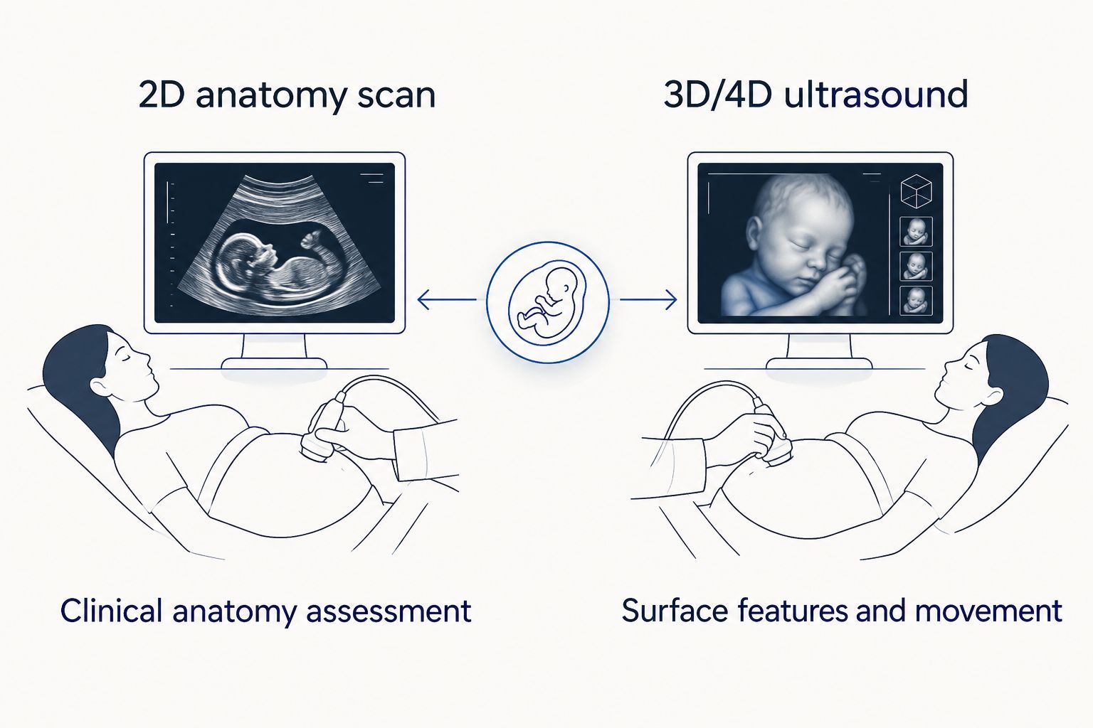 Comparison of a 2D anatomy scan for clinical assessment and a 3D/4D ultrasound for surface views