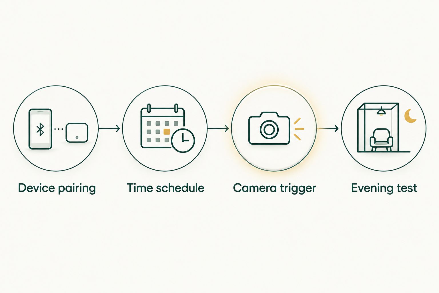 Four setup stages from device pairing through scheduling, an optional camera trigger, and evening testing.