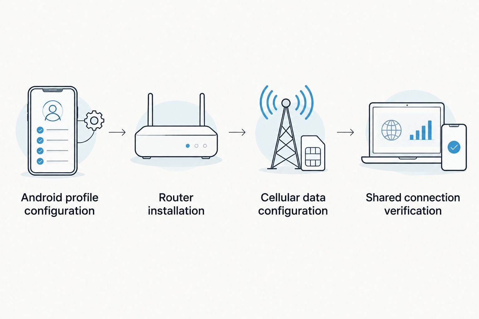 Four stages from Android profile configuration to shared router connection verification