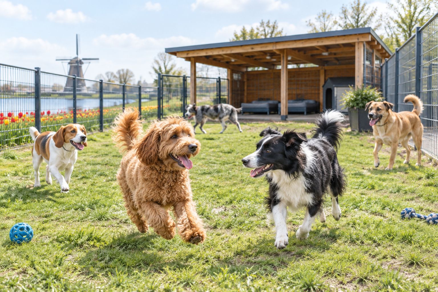 Dogs playing in an outdoor run at a Dutch boarding kennel
