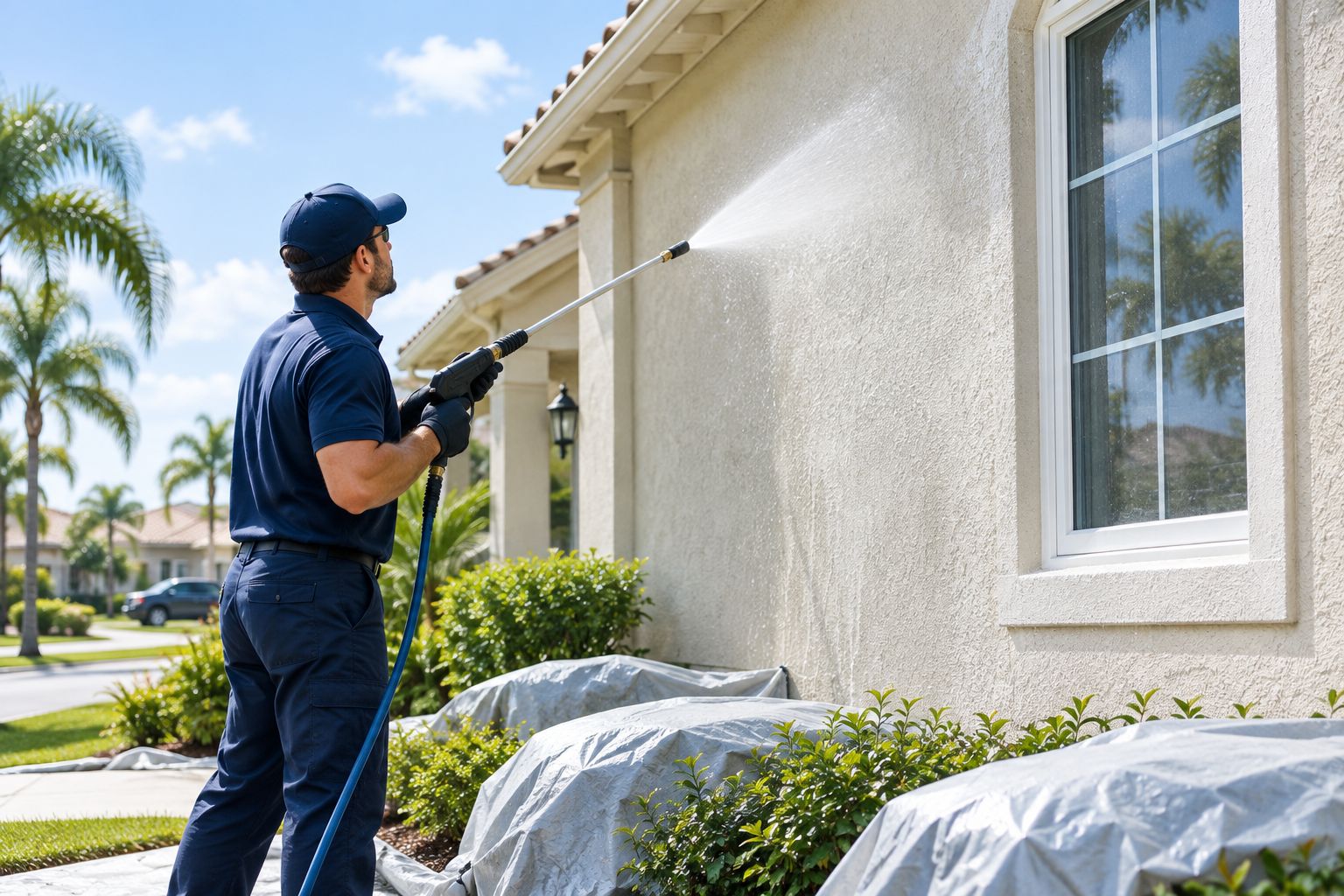 Technician soft washing a stucco house exterior with landscaping covered