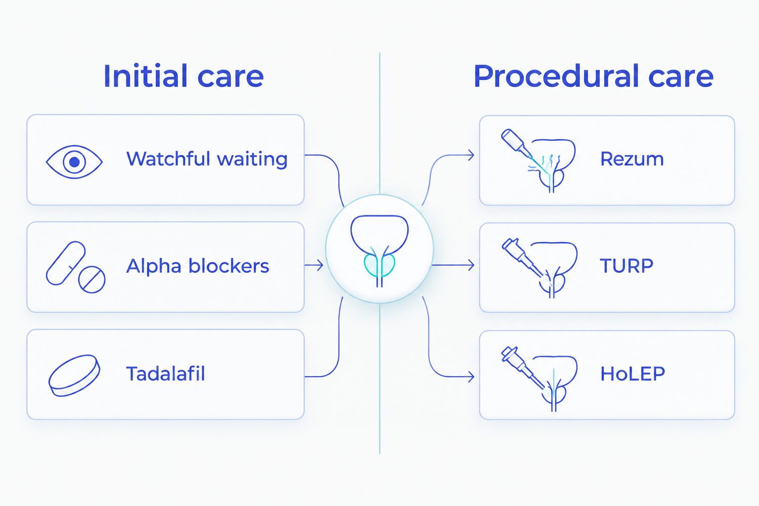 Comparison of initial care and procedural care options for enlarged prostate symptoms