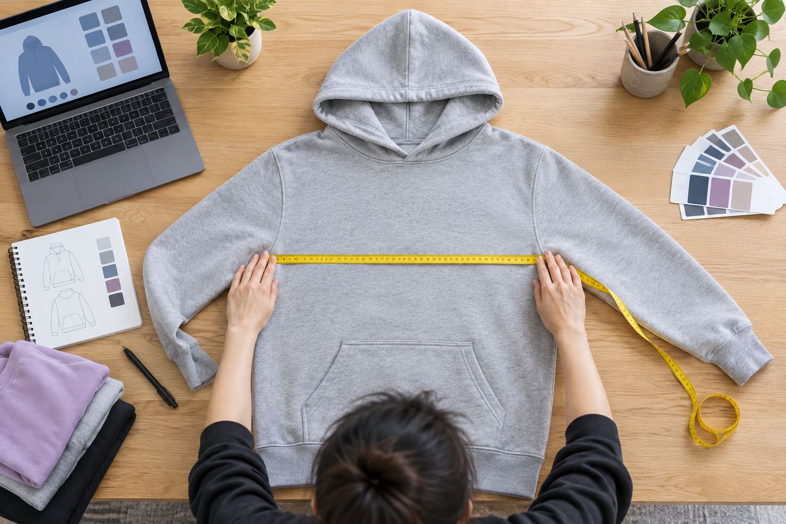 A hoodie laid flat with a measuring tape across its chest