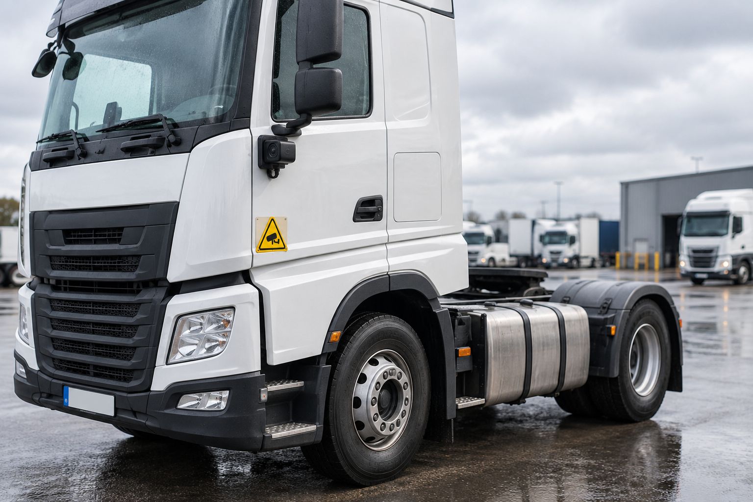 Cab-over HGV in a UK depot yard fitted with DVS camera equipment and warning signage