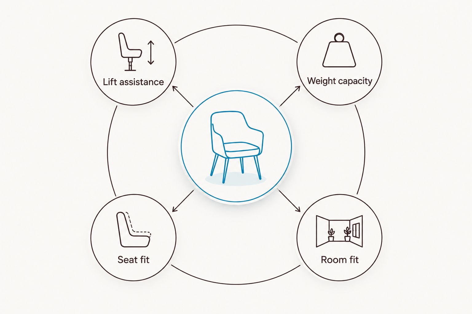 Four lift-chair shopping checks: lift assistance, weight capacity, seat fit, and room fit.