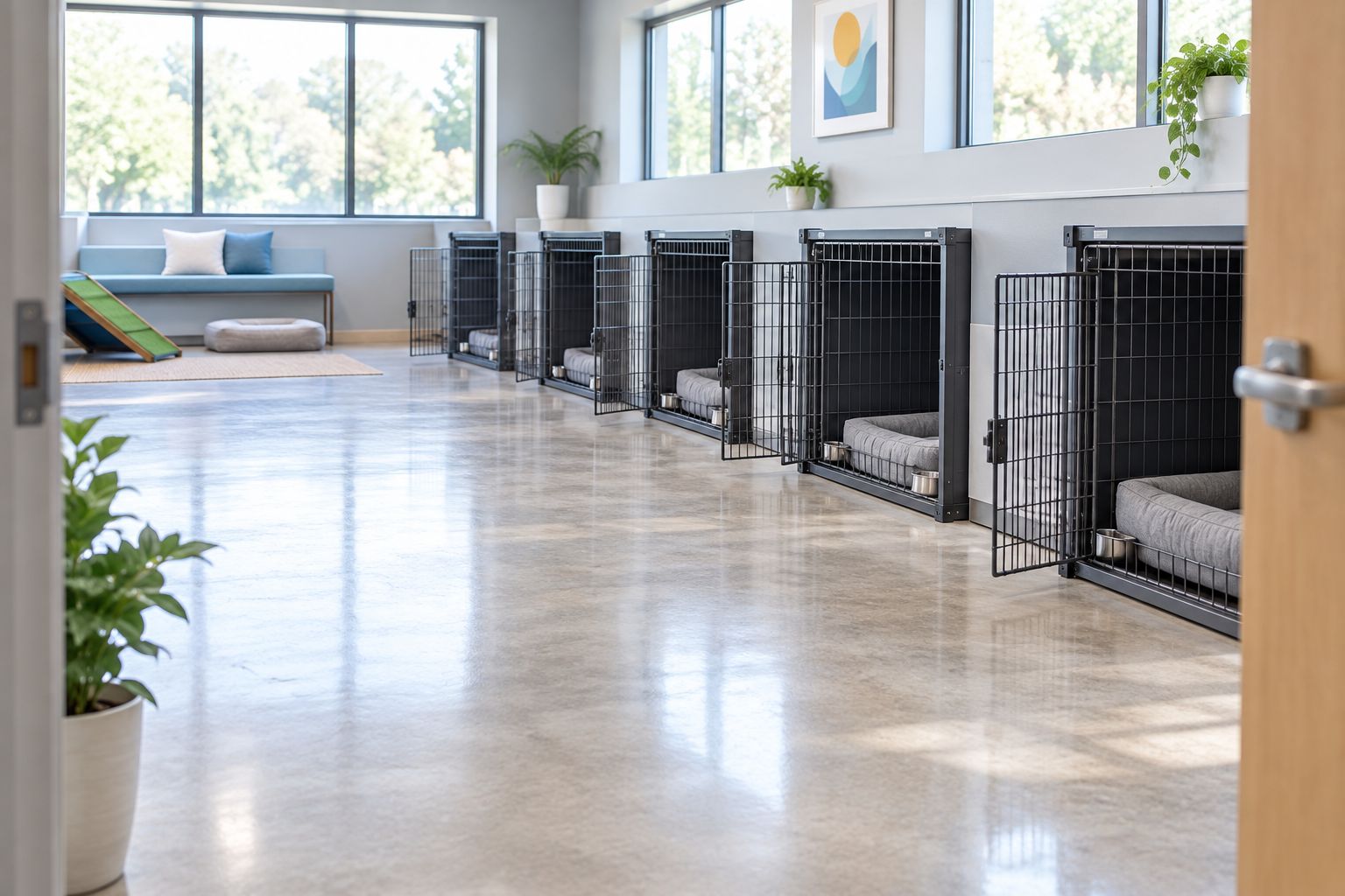 Floor-level dog crates with accessible doors and a clear aisle in a daycare rest room