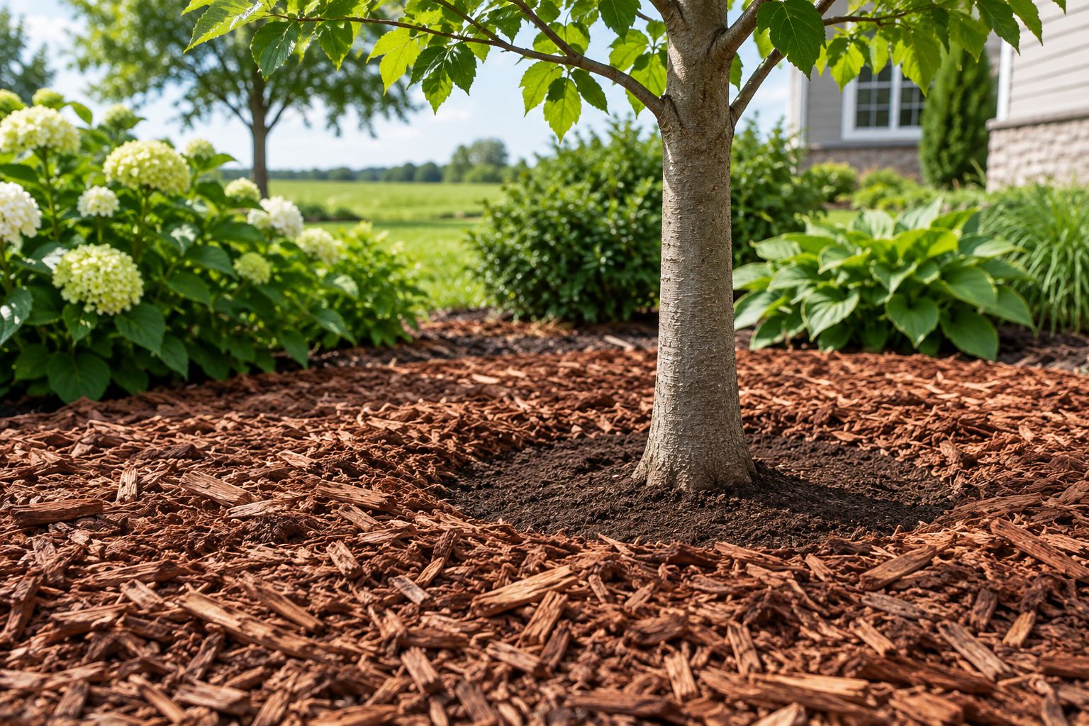 Even wood-chip mulch around a tree with the trunk flare exposed and a clear gap at the base