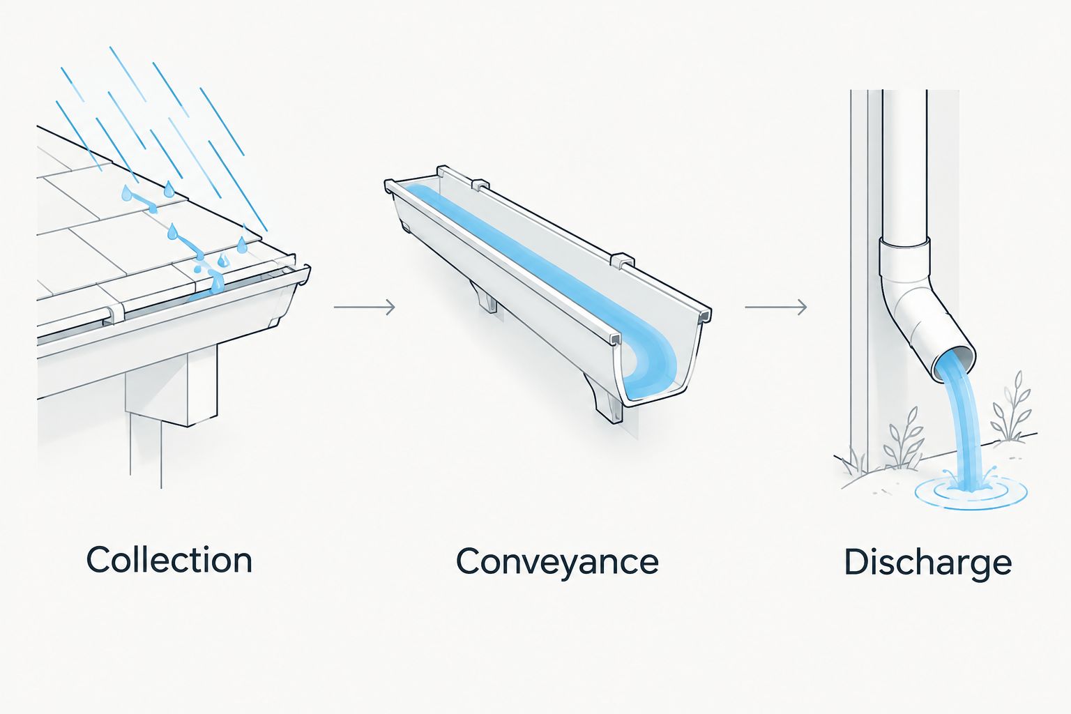 Collection, conveyance, and discharge shown as connected gutter drainage checkpoints