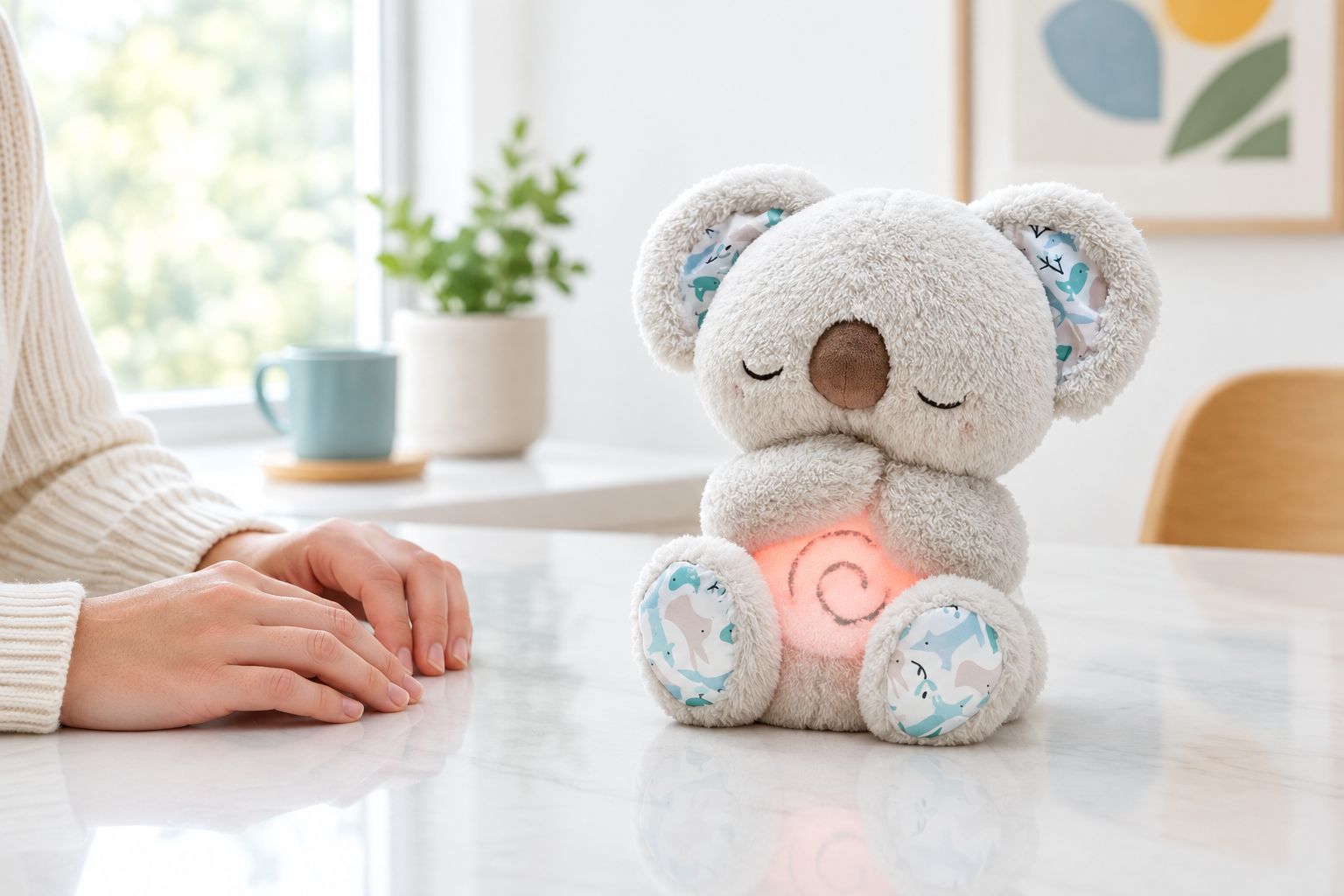 Stuffed animal on a clear table with no pressure against its belly