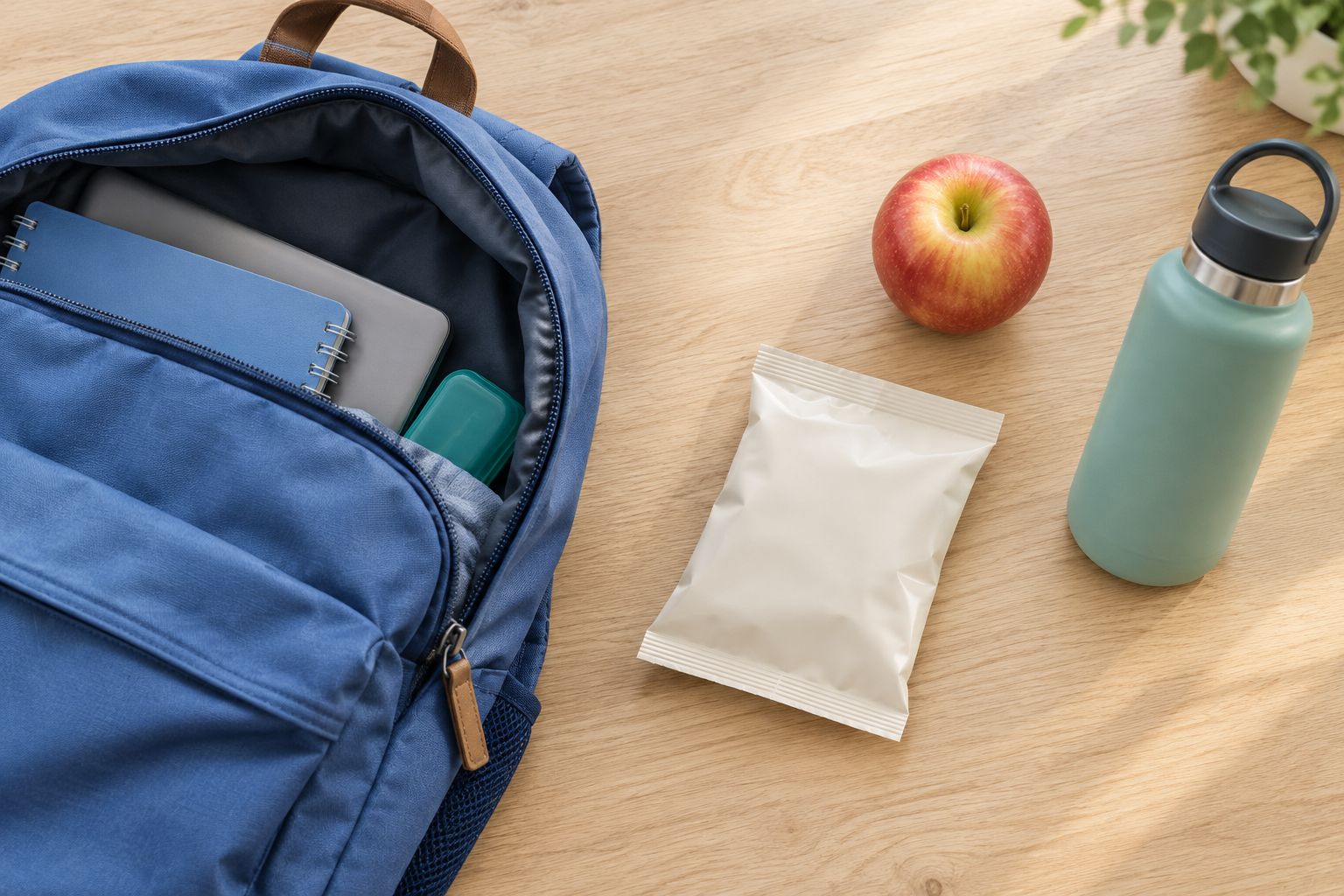 A school backpack with a sealed snack pouch, whole apple, and water bottle ready for packing