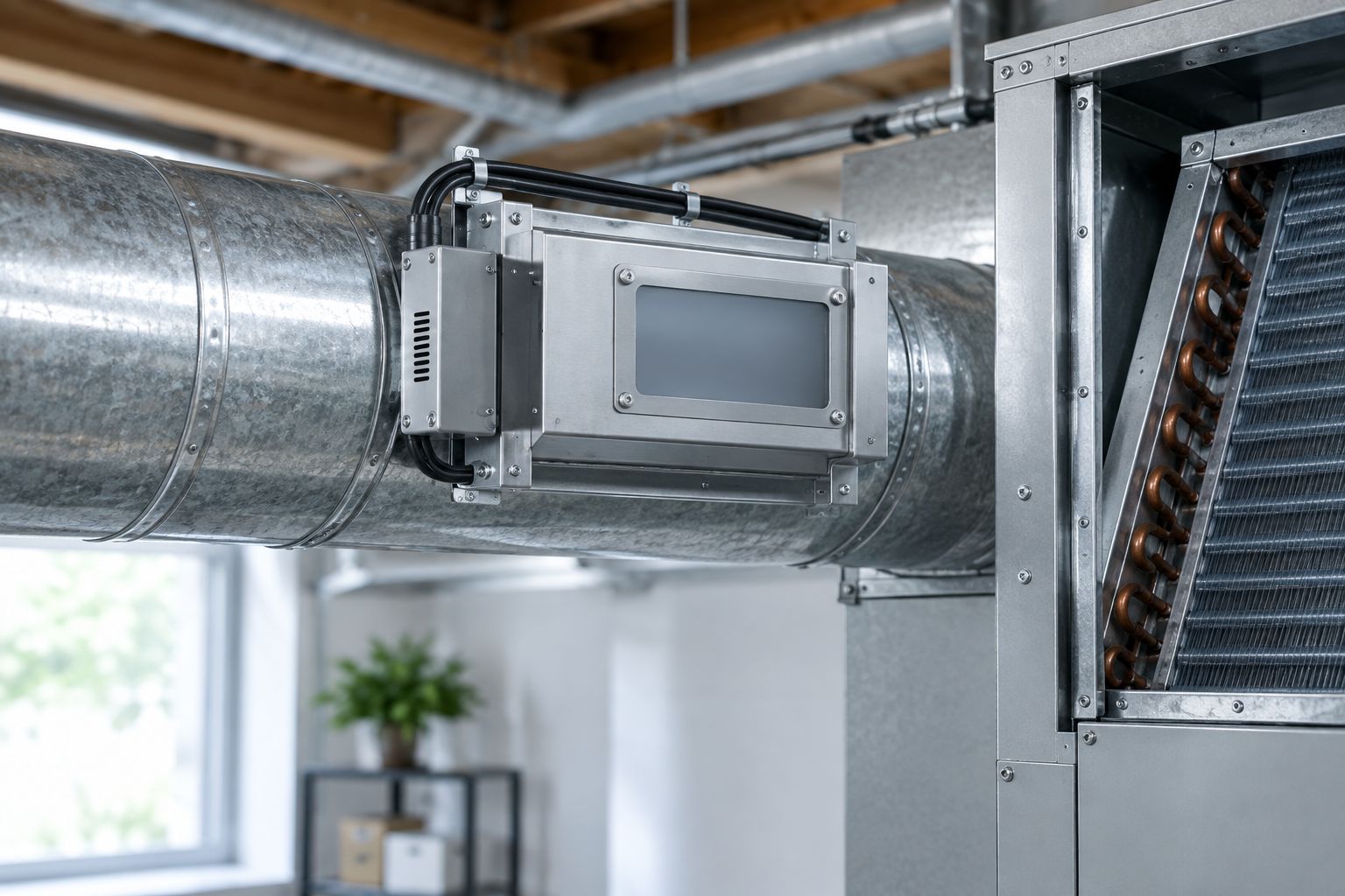 Generic UV-C HVAC fixture secured to metal ductwork near a coil cabinet