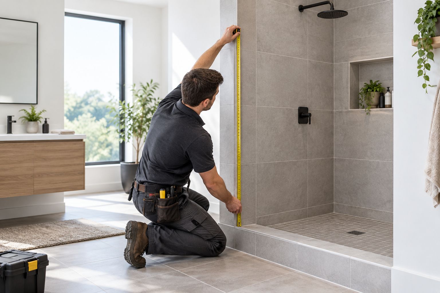 Installer measuring a shower opening at three heights before glass is cut