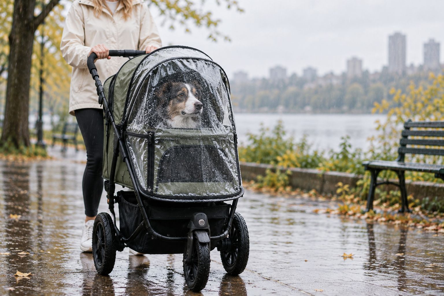 Clear vinyl weather shield zipped over a dog stroller opening in the rain