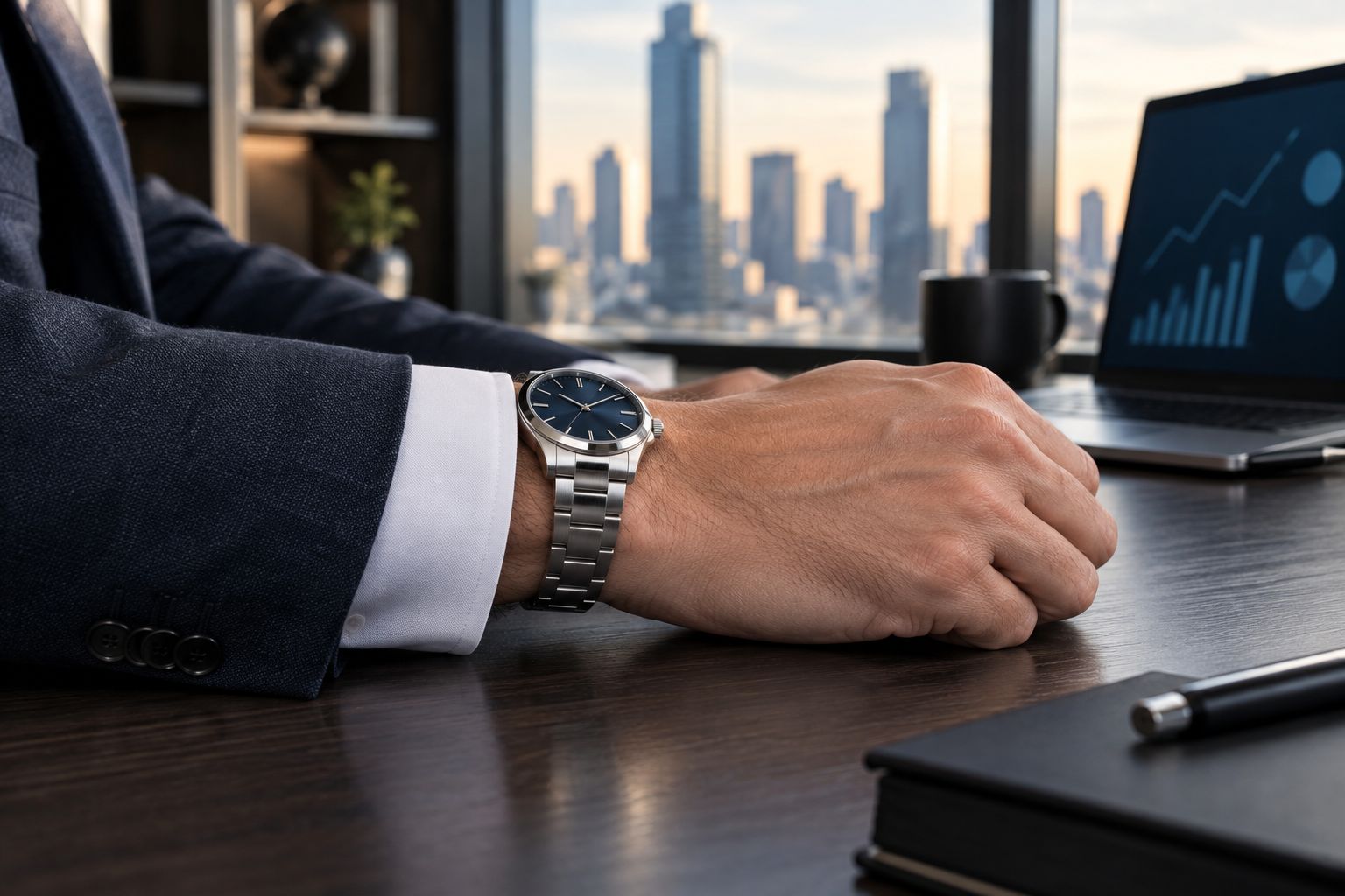 An unbranded watch beneath a shirt cuff, showing case thickness and bracelet fit