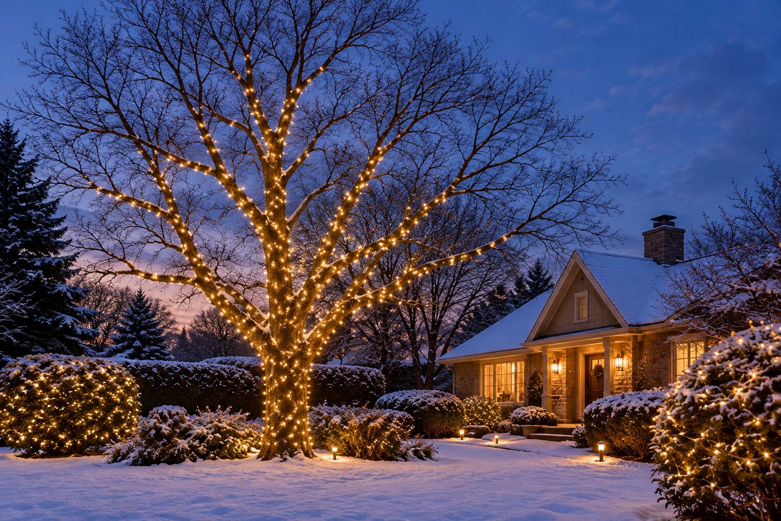 Mini string lights following a deciduous tree trunk and selected main branches