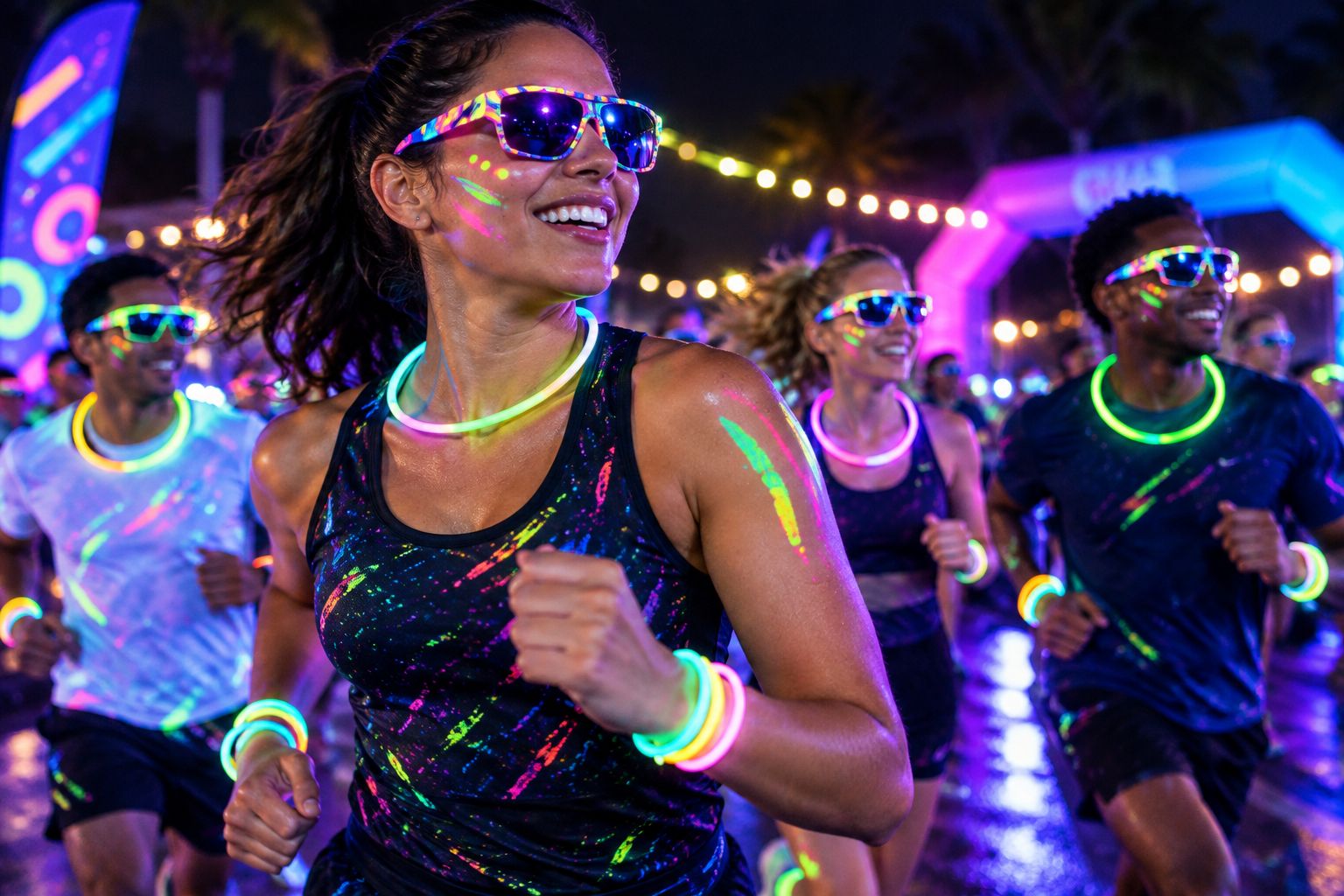 Runners wearing glow-reactive party sunglasses under blacklight at a night race