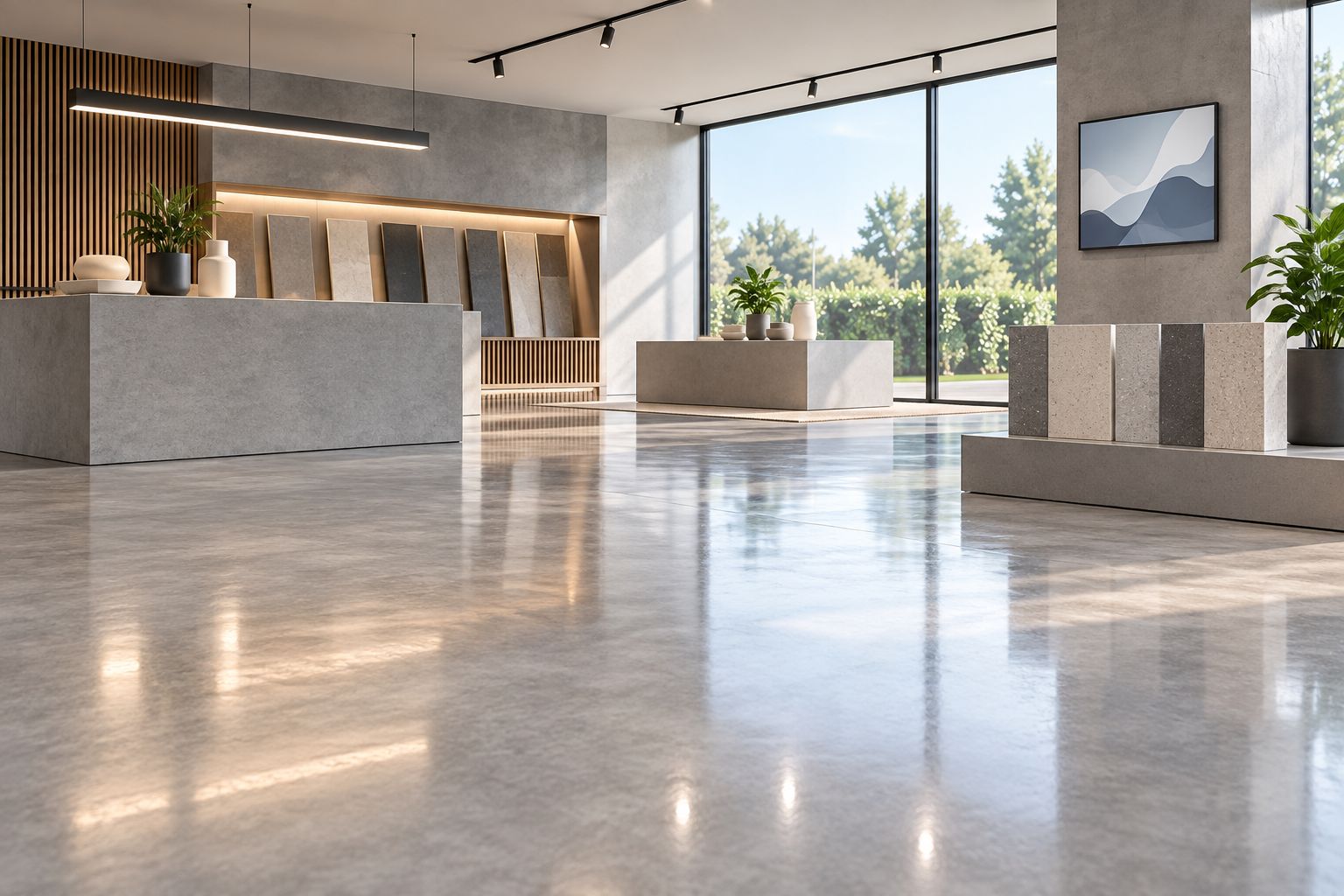 Gladde betonvloer in een showroom met reflecties van ramen en plafondverlichting