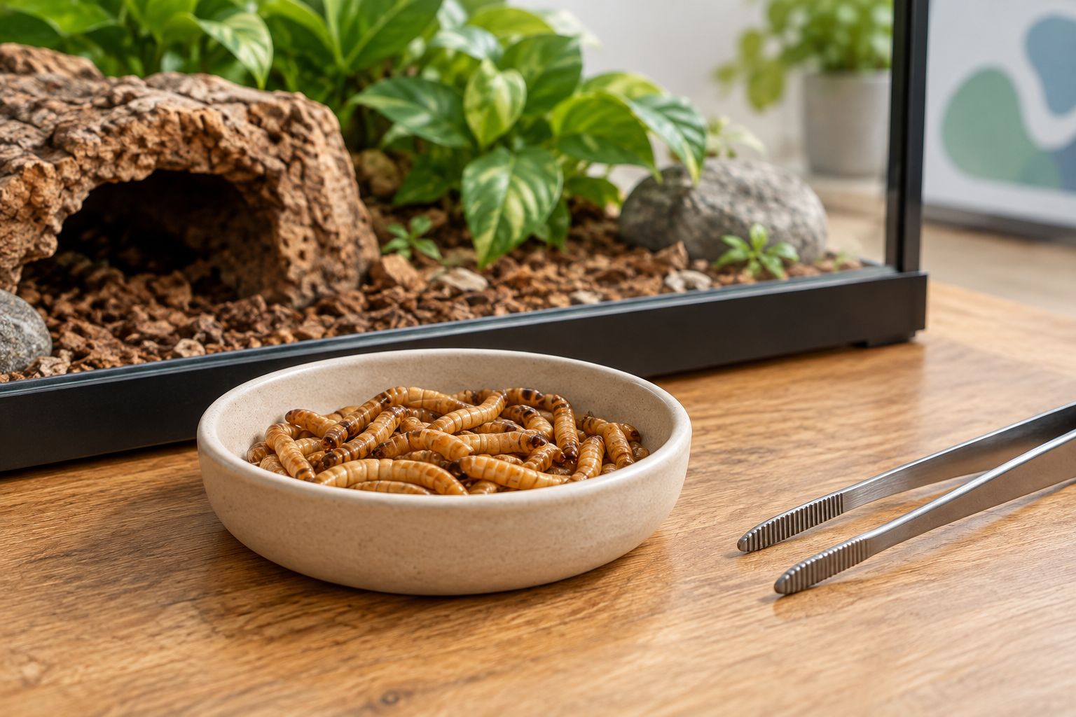Mealworm larvae visible inside a shallow feeding dish