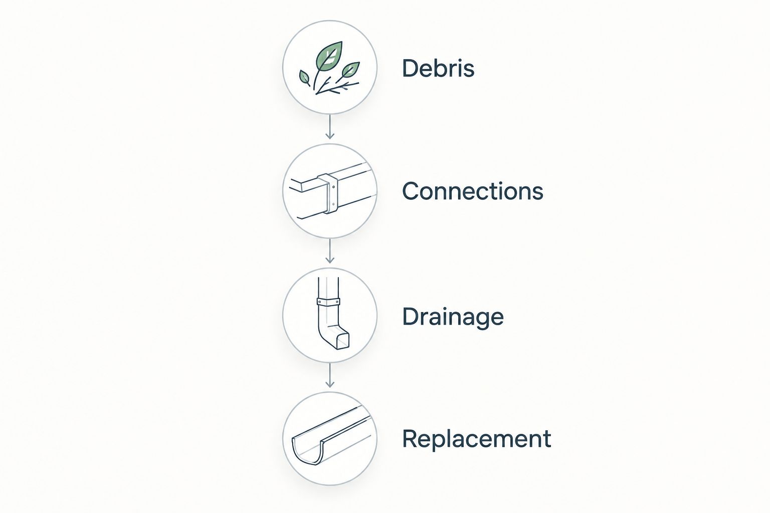 Inspection sequence covering debris, connections, drainage, and replacement