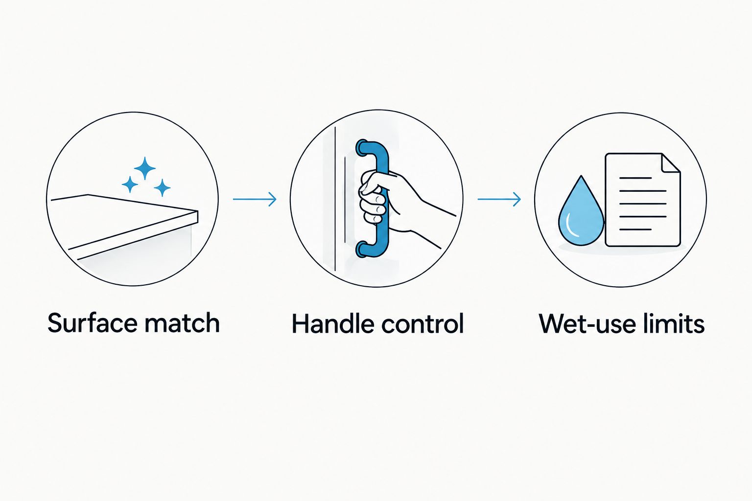 Three buying checks: surface match, handle control, and wet-use limits