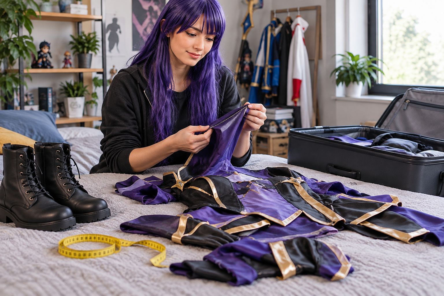 Cosplay outfit being inspected beside boots and an open suitcase before packing