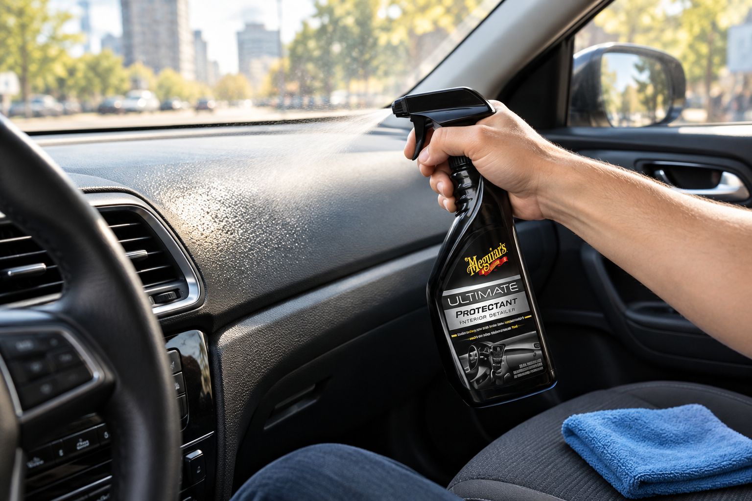 Interior protectant spray being applied to a car dashboard from the driver's seat