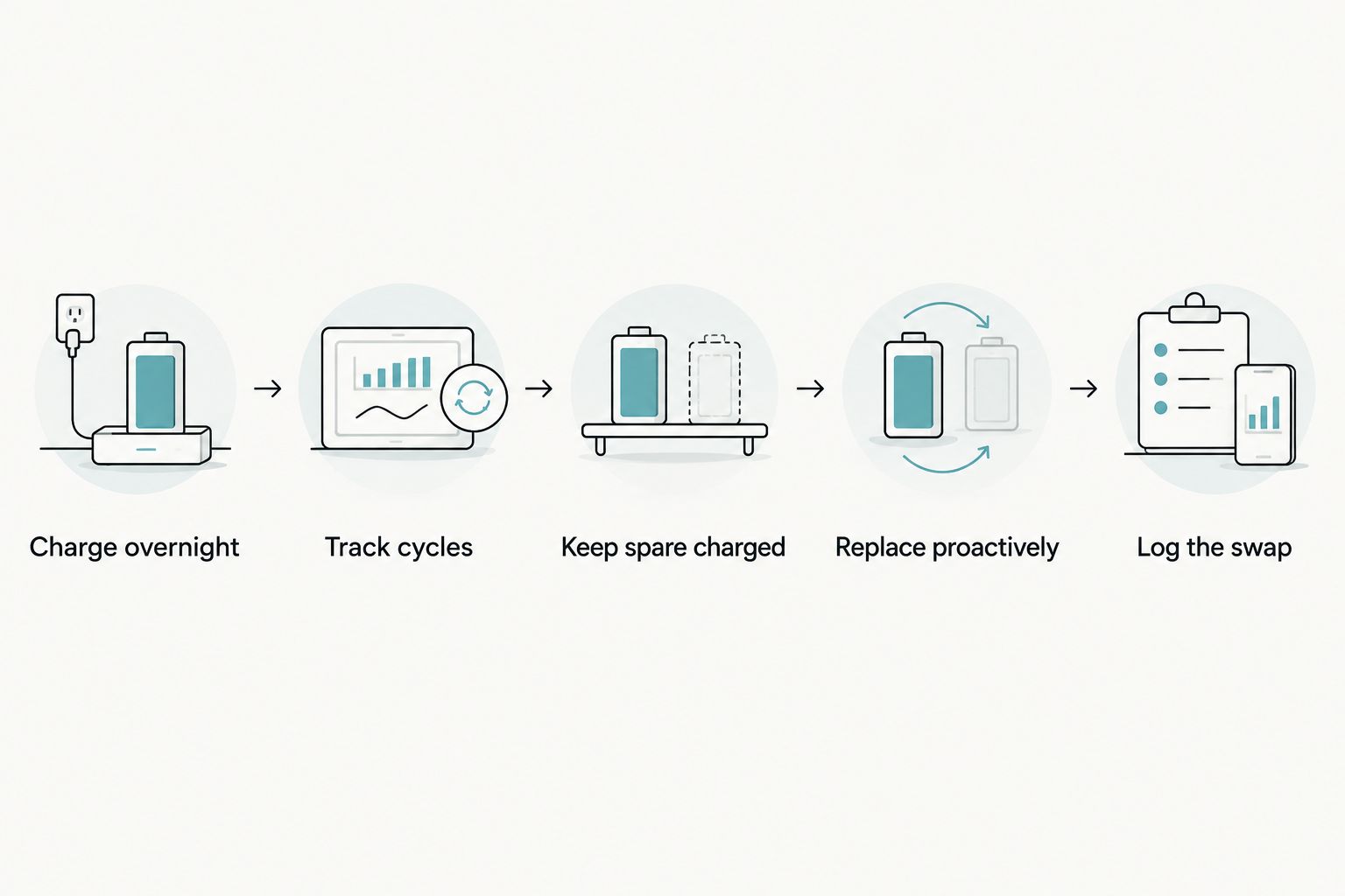 Five-step battery charging and replacement workflow for a portable dental X-ray unit