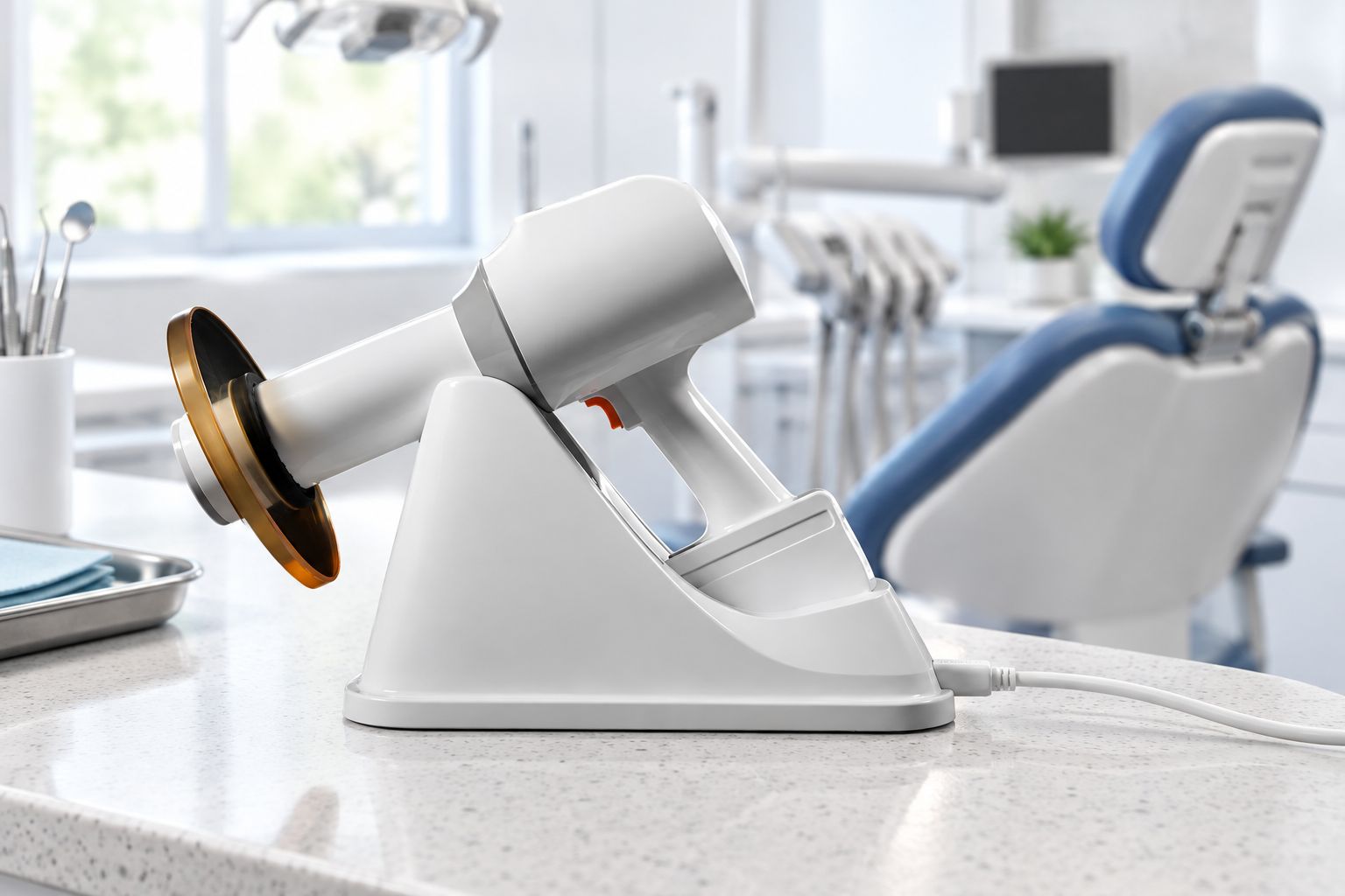Handheld portable dental X-ray unit on its charging stand in an operatory