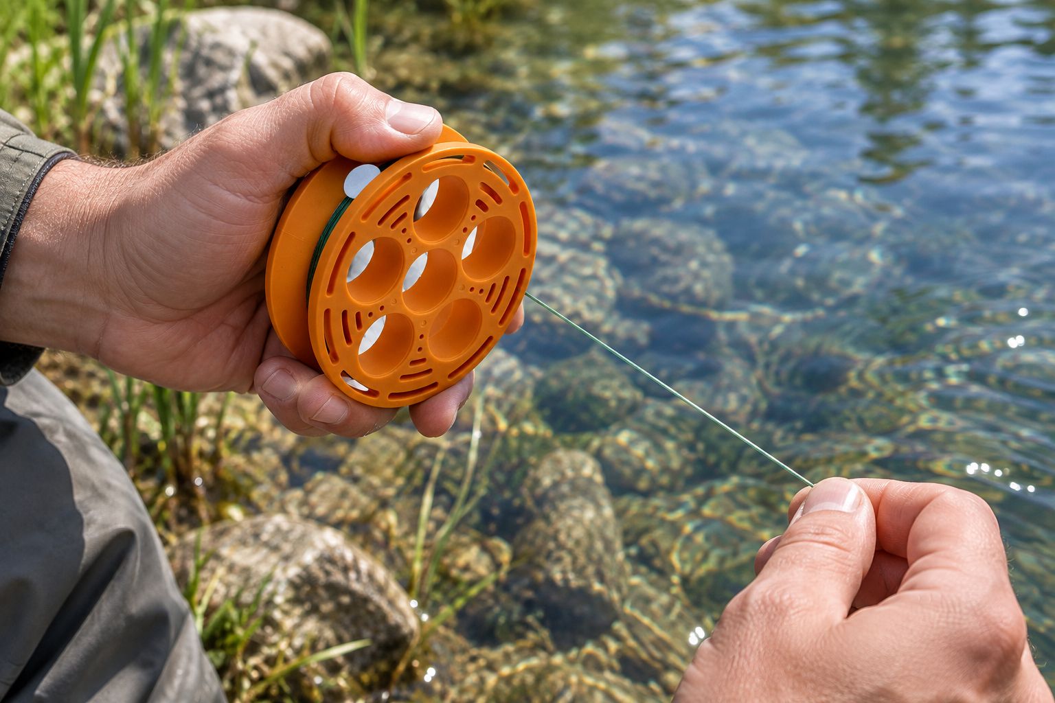 Angler guiding line while using a hand reel beside a pond