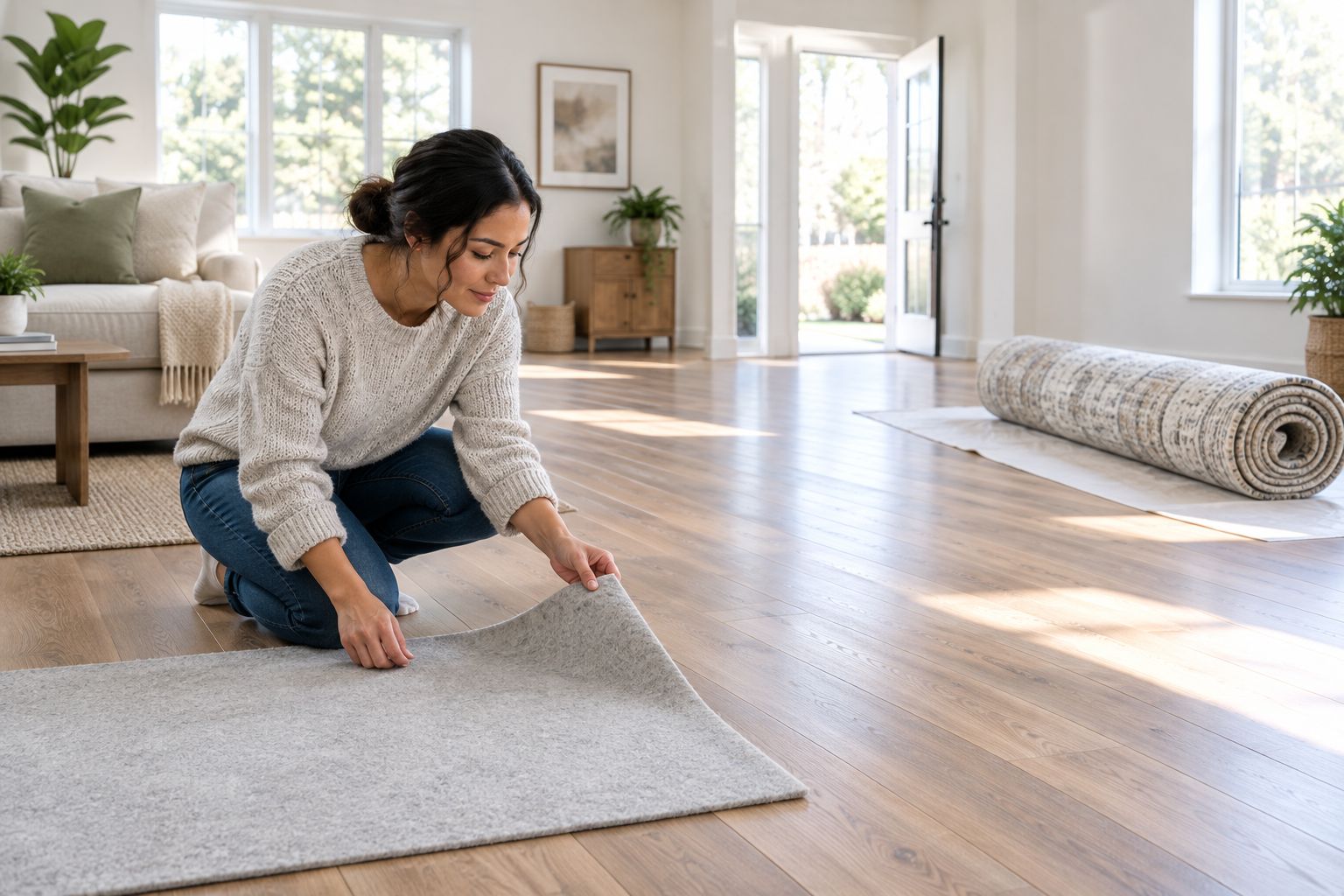 A clean room with a rolled rug staged separately while its pad is checked