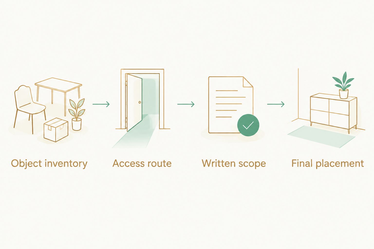 Four planning steps connecting the specialty object, access route, written responsibilities, and final placement