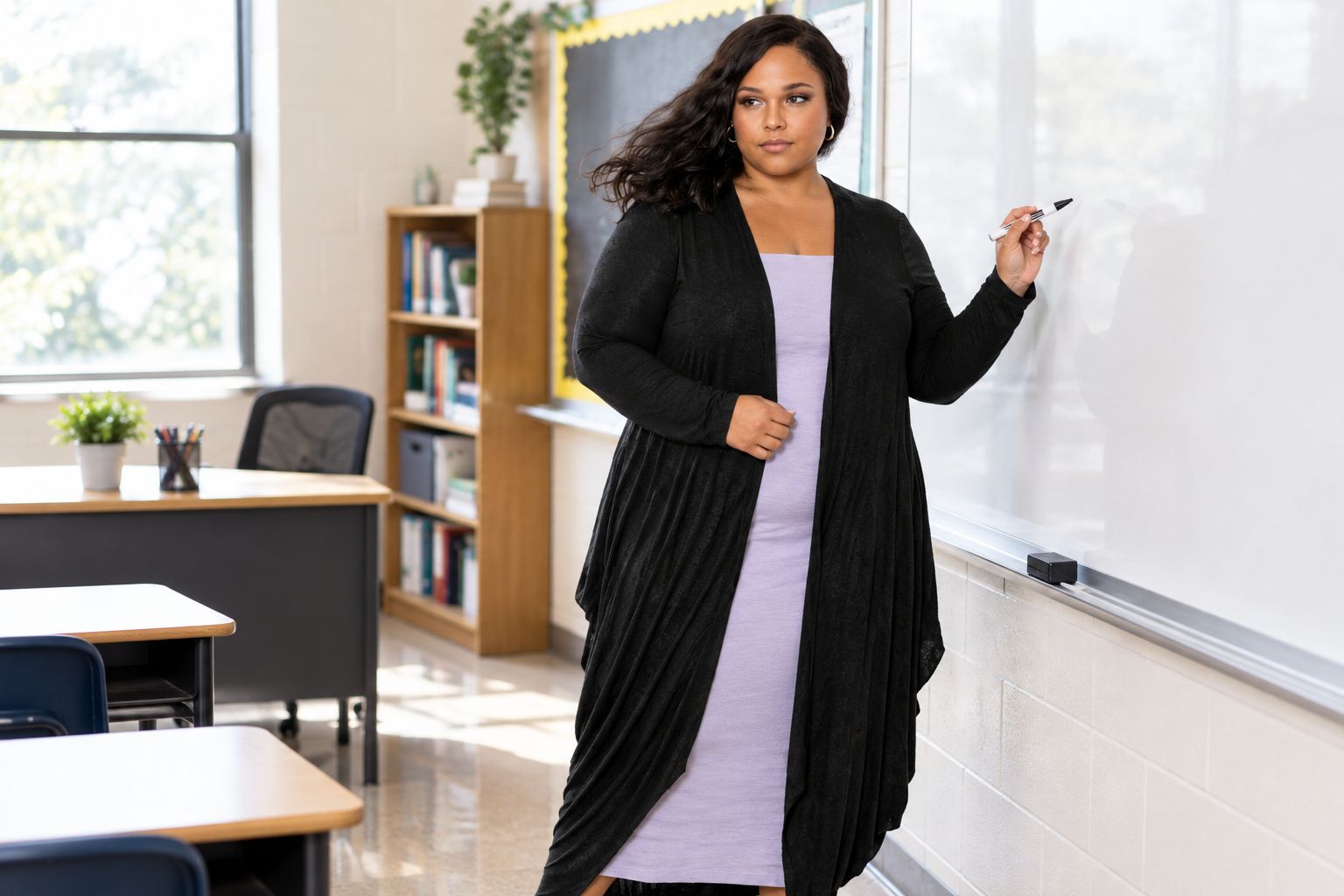 Woman wearing an open long sleeve cardigan over a dress at a classroom whiteboard