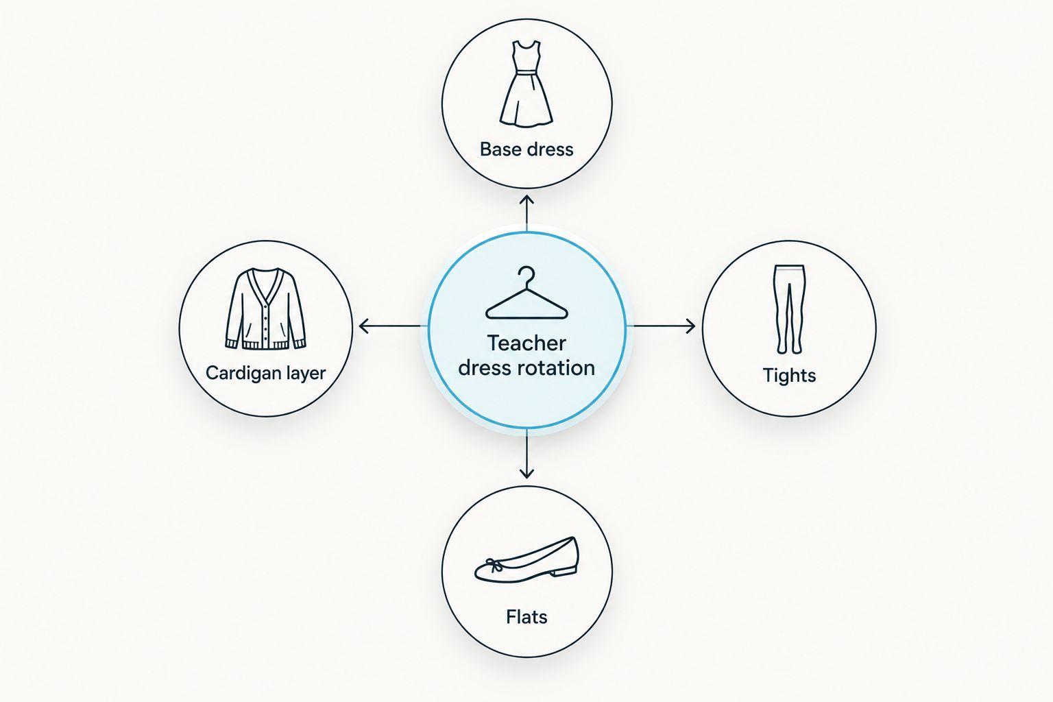 Diagram showing a base dress with cardigan, tights, and flats as layering pieces