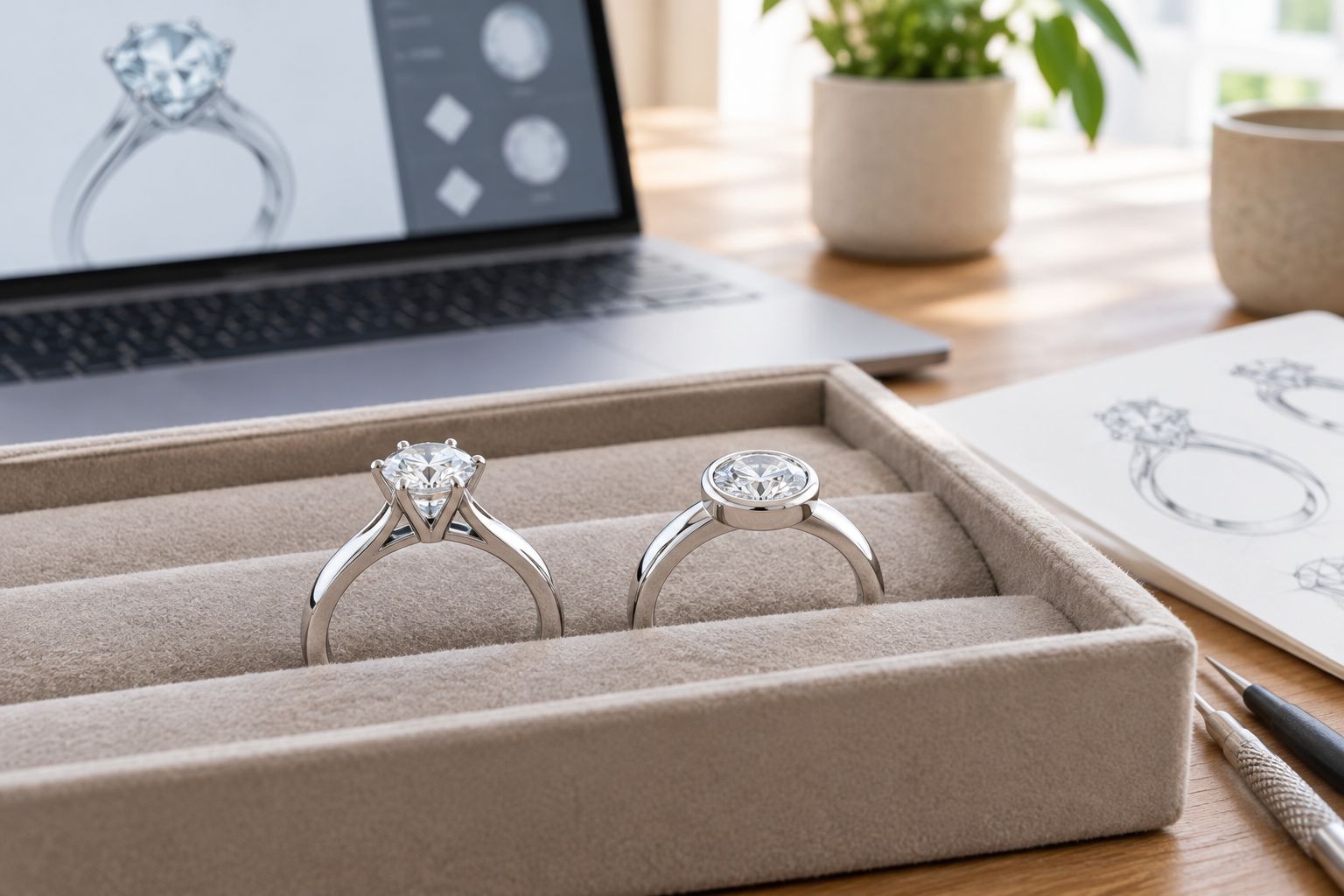 Generic prong and bezel diamond rings showing their different metal outlines