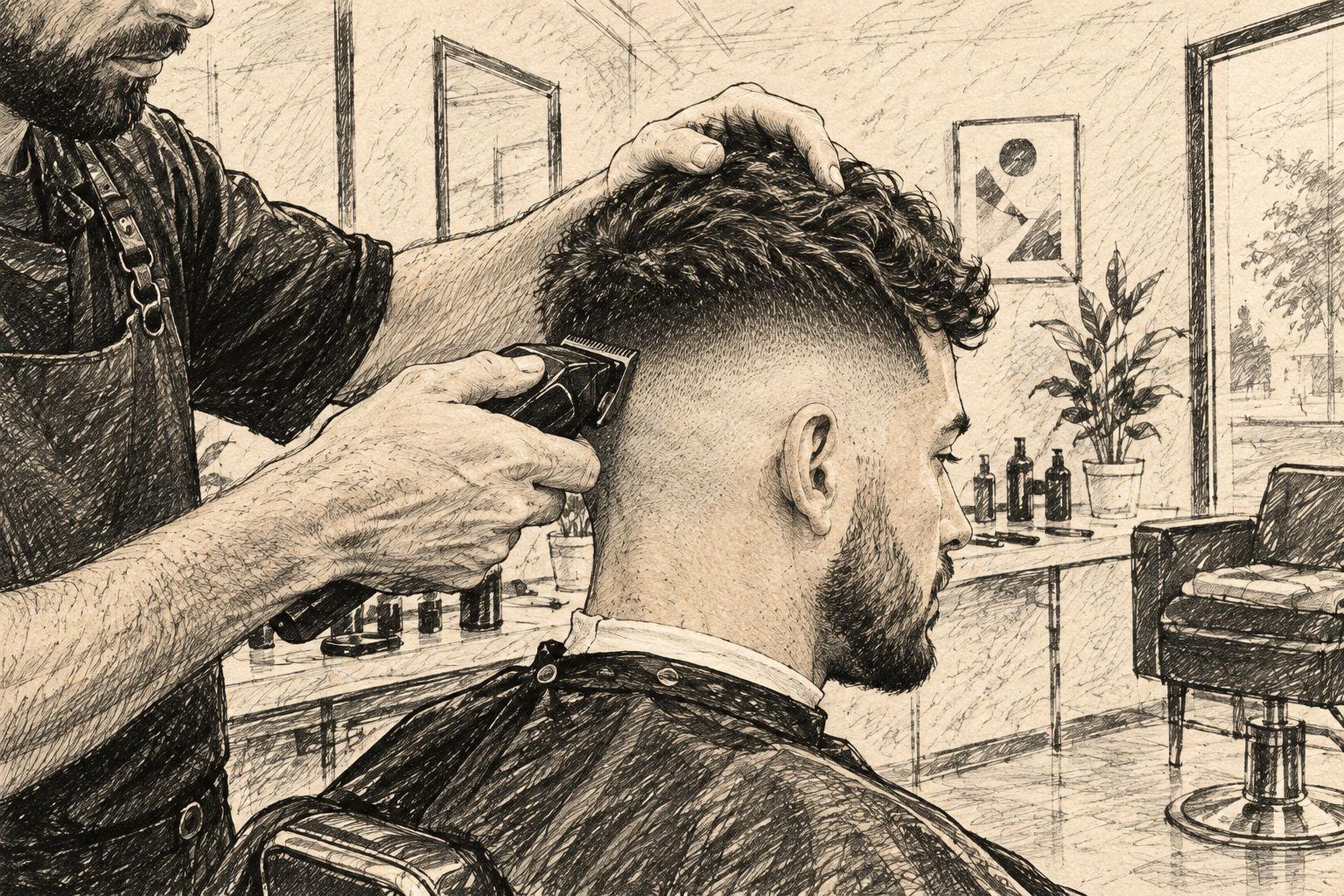 Barber blending a skin fade with clippers at the temple