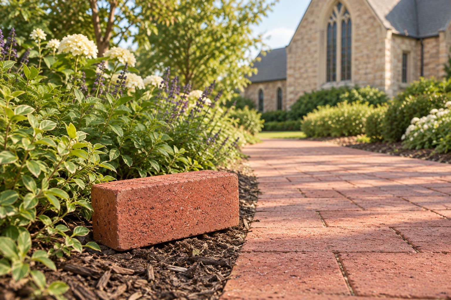 An unmarked brick sample beside a church garden path