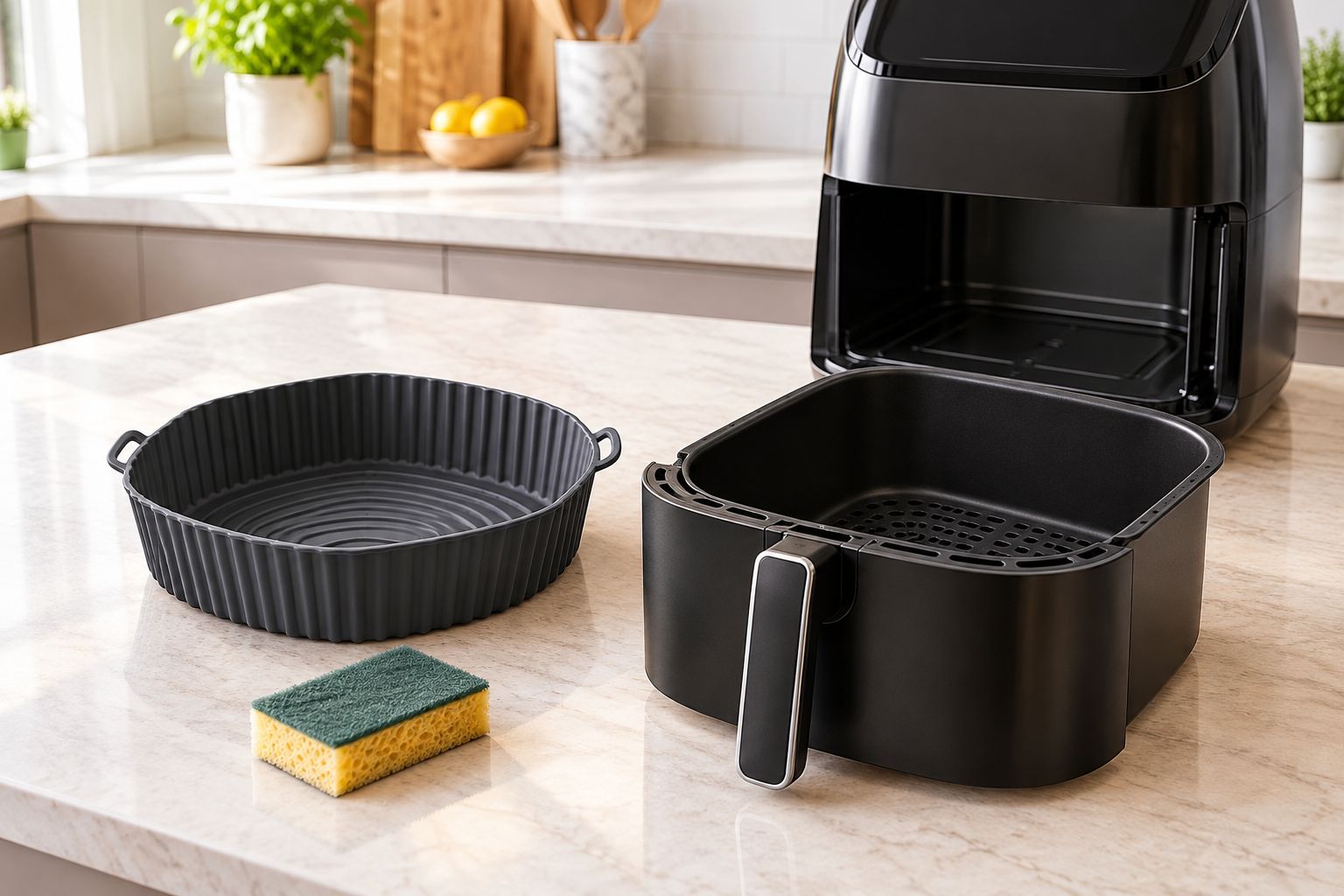 A removable silicone liner beside an open air fryer and a washing sponge