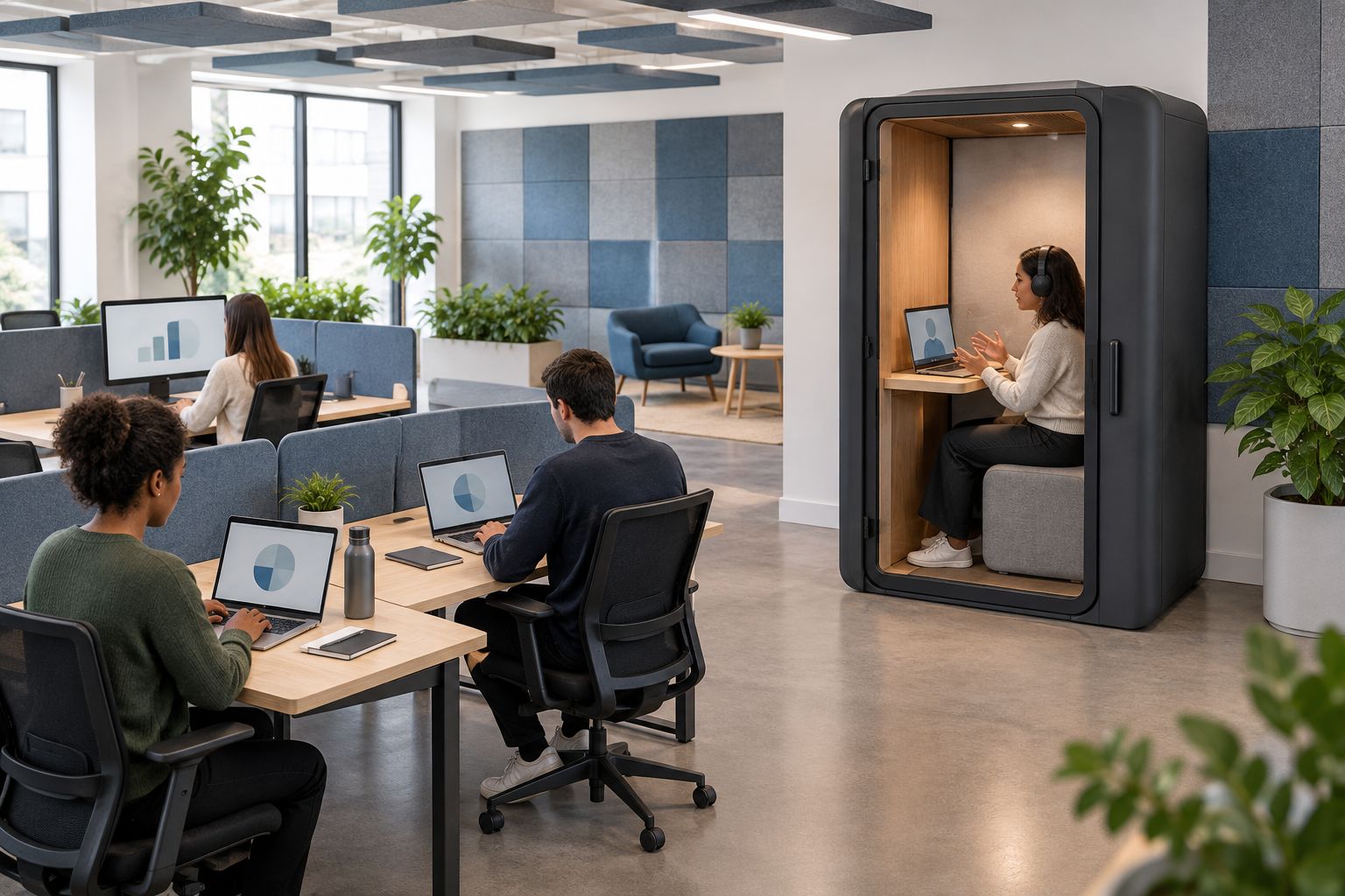 Open-plan office with acoustic panels in the shared room and a separate enclosed call booth