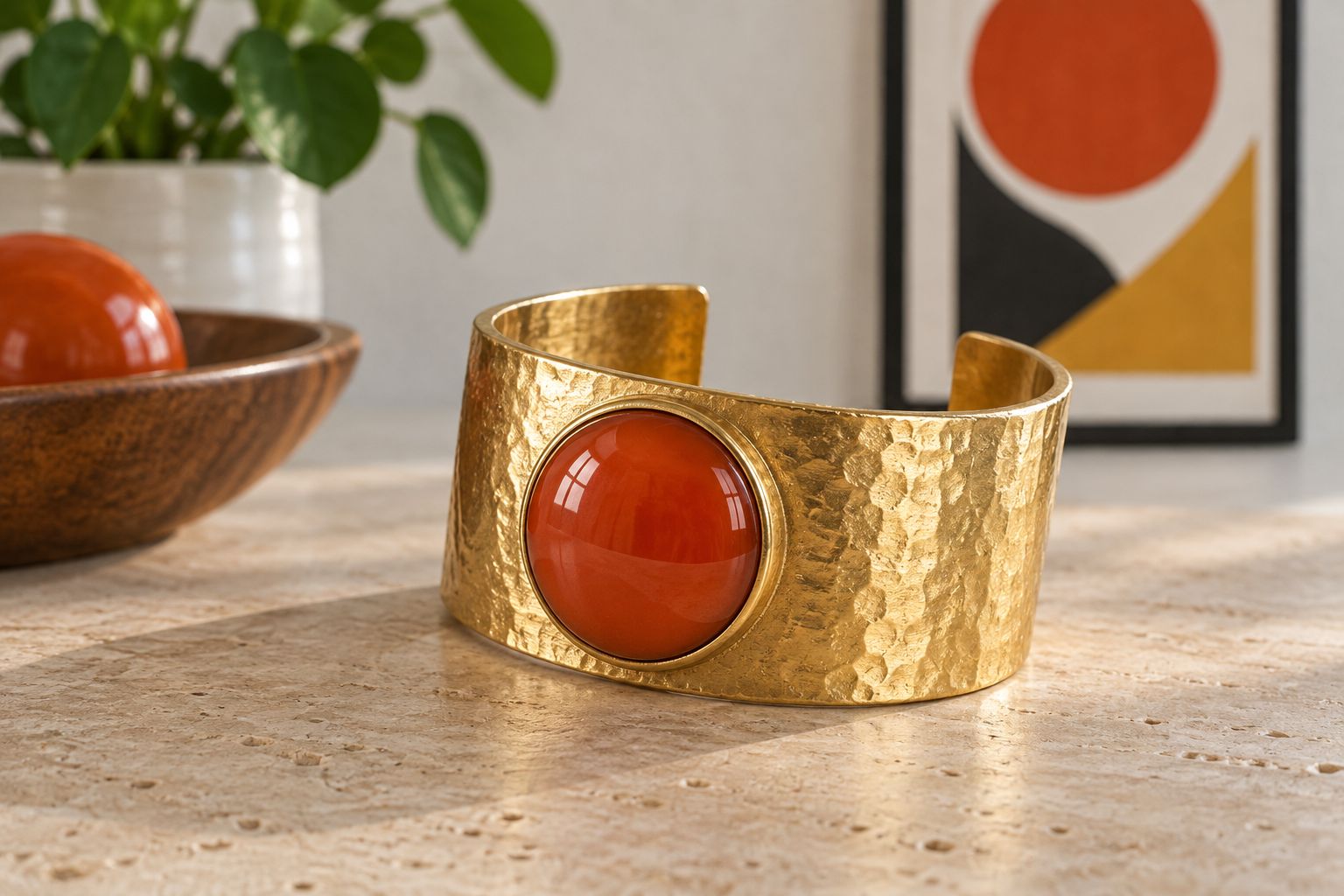 Close-up of a textured gold cuff bracelet in 1960s mod style