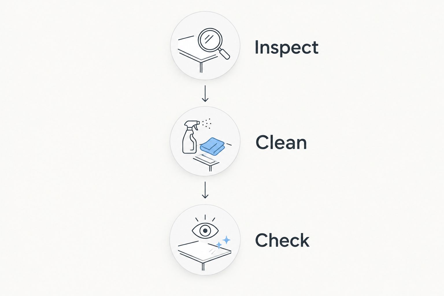 Engine bay cleaning sequence: inspect the vehicle, clean approved areas, and check the result