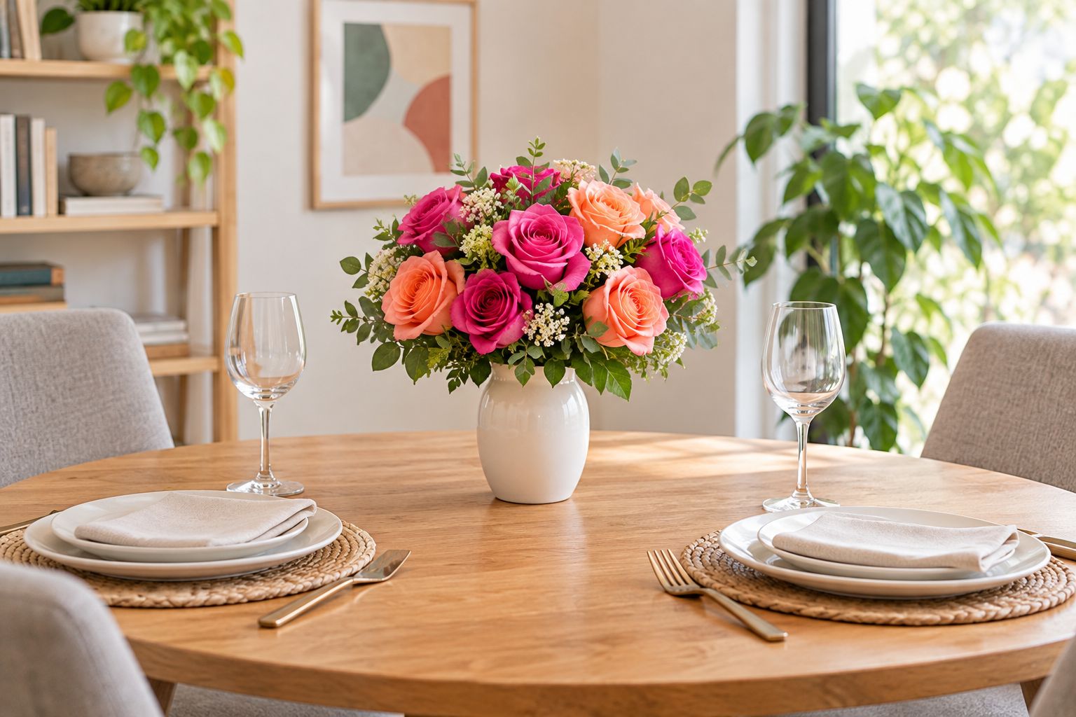A rose arrangement on a dining table with room for place settings and a clear view across it