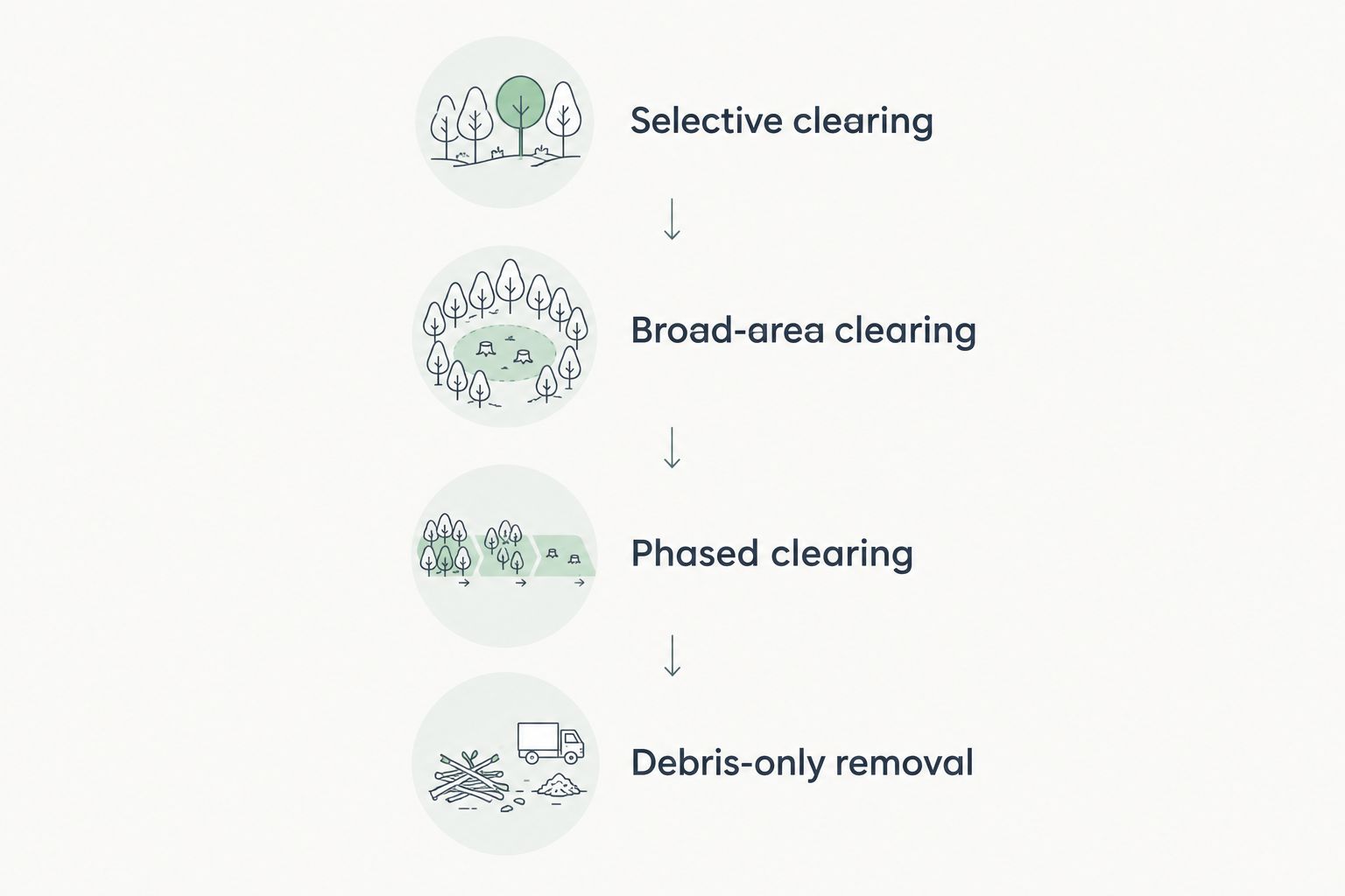 Four clearing scope options: selective, broad-area, phased, and debris-only removal
