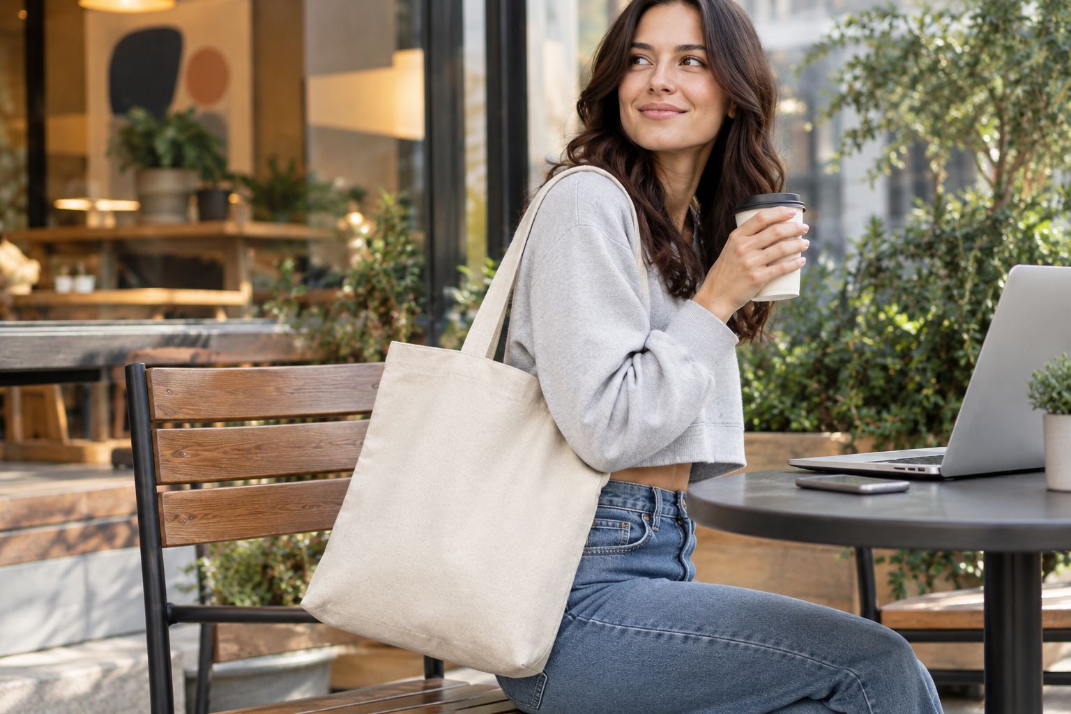 Conjunto de sudadera corta y jeans con una bolsa tote lisa al hombro.