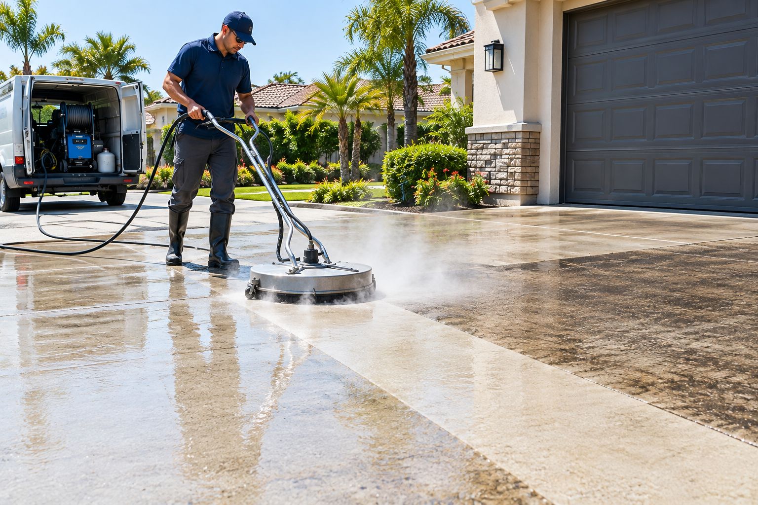 Pressure washer cleaning oil stains off a concrete driveway with a surface cleaner attachment