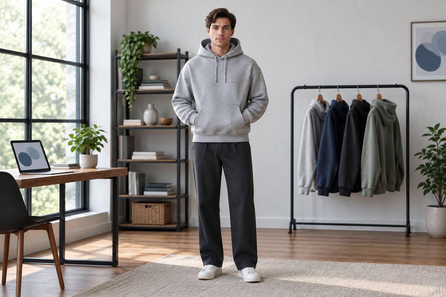A hoodie and straight-leg trousers showing shoulder shape, hem position, and overall proportions.