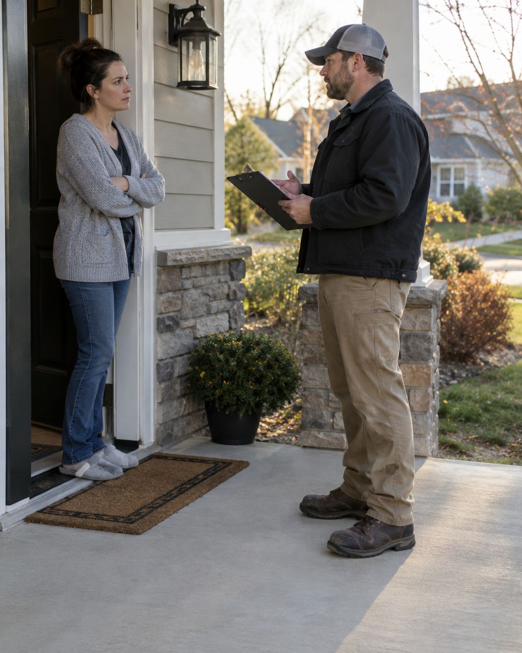 Homeowner at their front door speaking with an unfamiliar contractor holding a clipboard