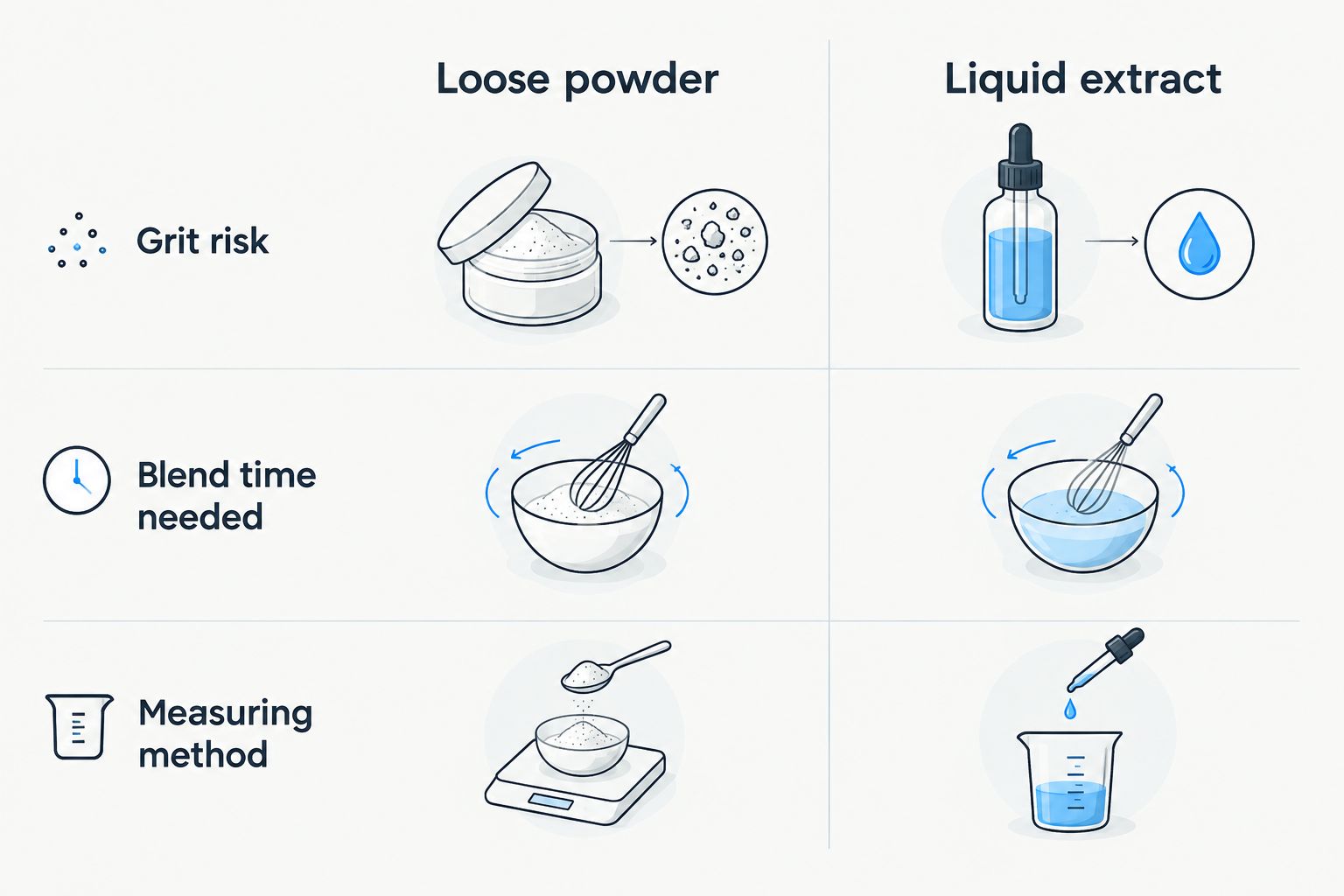 Comparison of loose moringa powder and liquid extract across grit, blend time and measuring